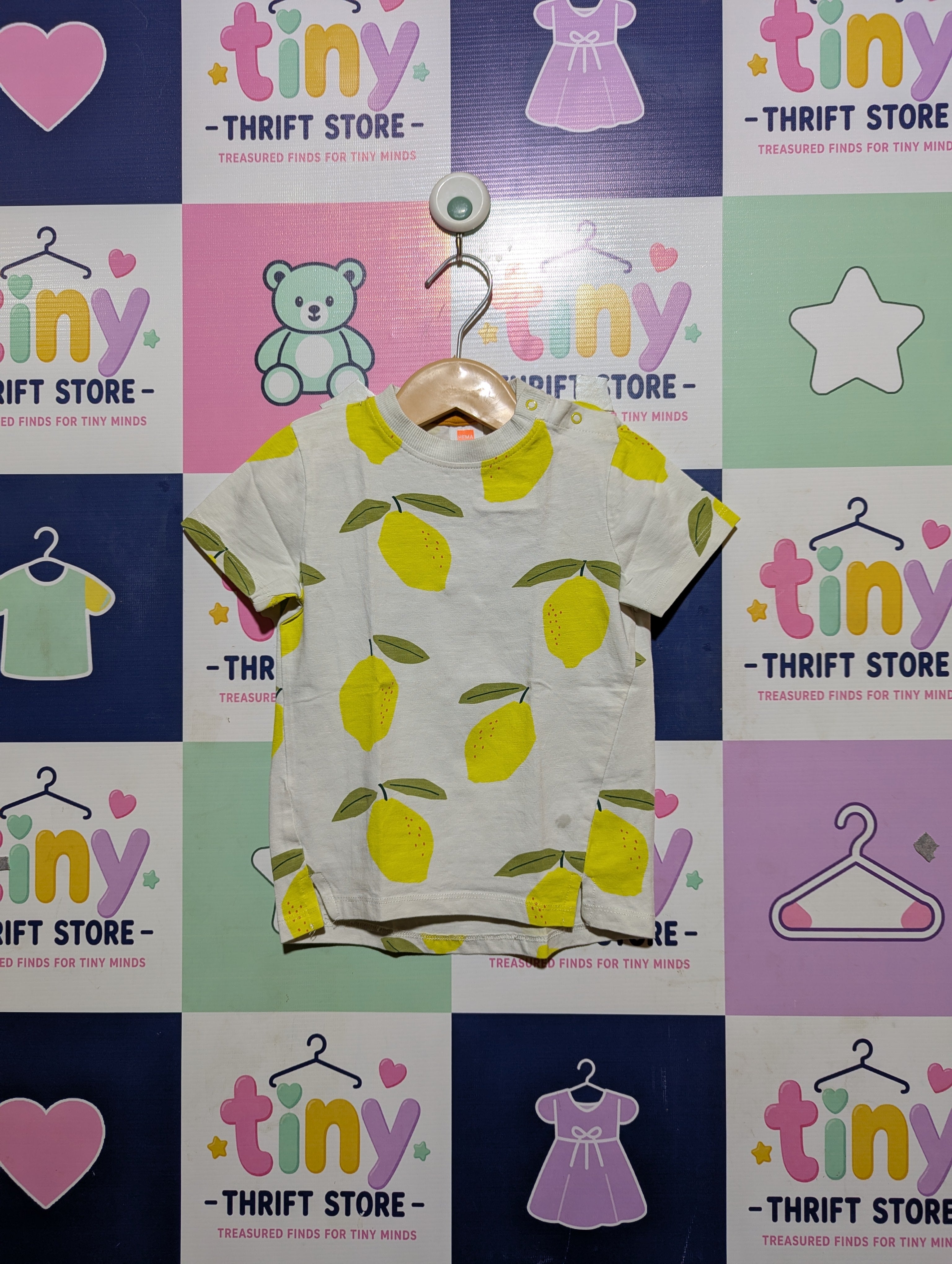 HEMA Baby Boys White & Yellow Lemon Print Short Sleeve Tee - Size 92 Estimated Age 1-2 Years AB2