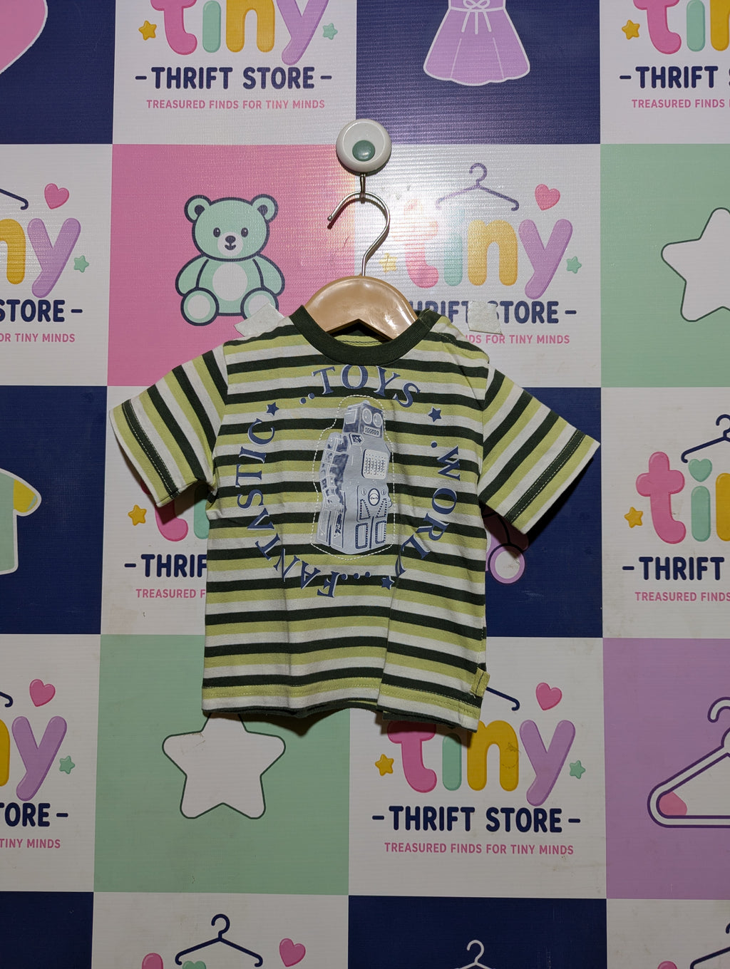 ZA Baby Boys Green & White Striped "Toys World" Graphic Short Sleeve Tee - Size 6-12M Estimated Age 6-12 Months AB2