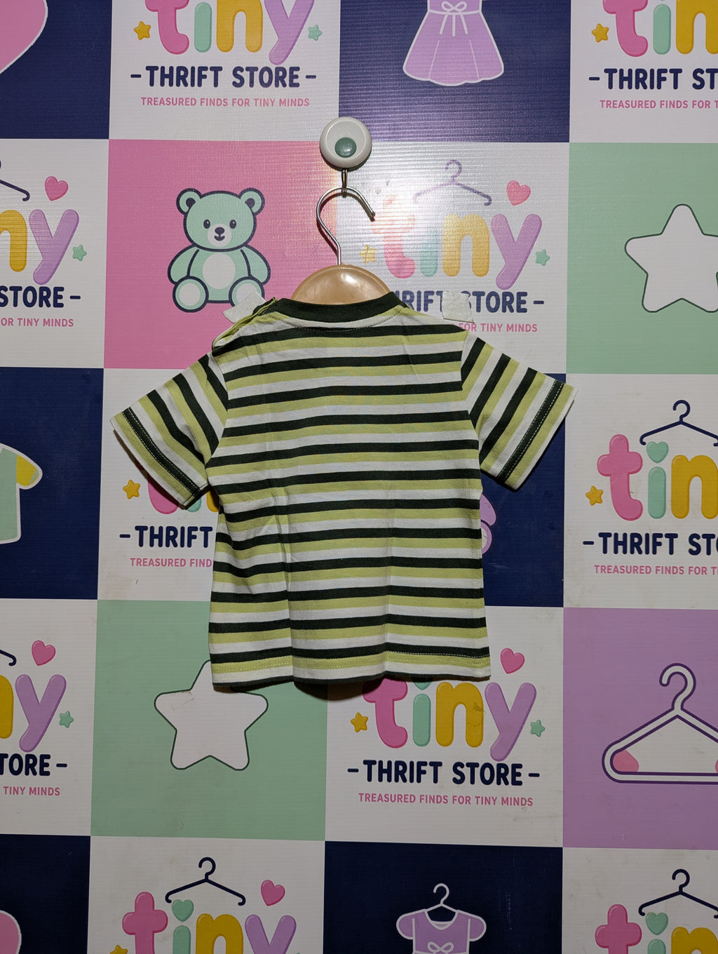 ZA Baby Boys Green & White Striped "Toys World" Graphic Short Sleeve Tee - Size 6-12M Estimated Age 6-12 Months AB2