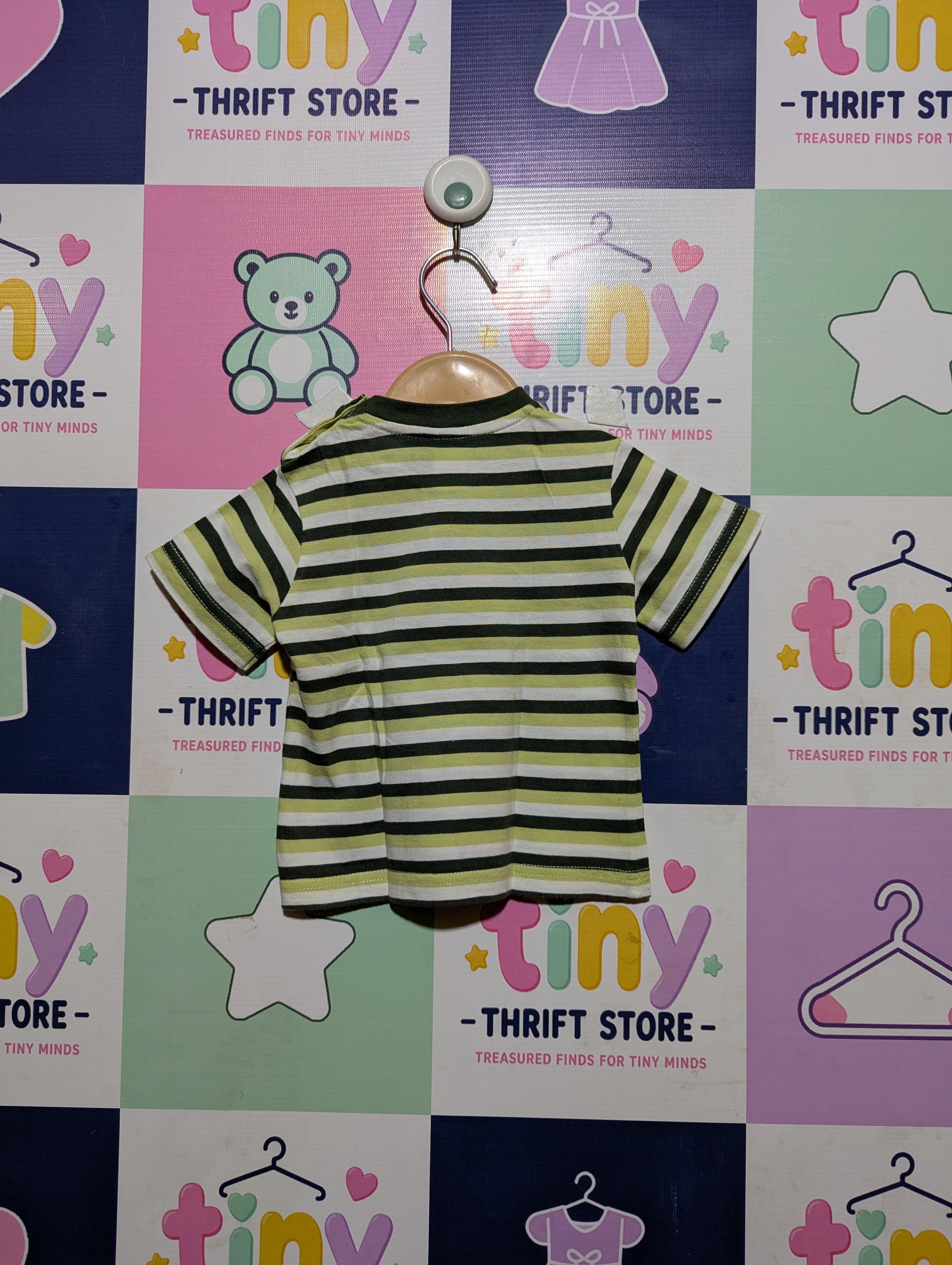 ZA Baby Boys Green & White Striped "Toys World" Graphic Short Sleeve Tee - Size 6-12M Estimated Age 6-12 Months AB2