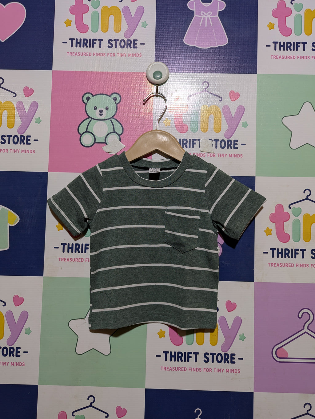 SHEIN Baby Boys Sage Green & White Striped Pocket Short Sleeve Tee - Size 9-12M Estimated Age 9-12 Months AB2