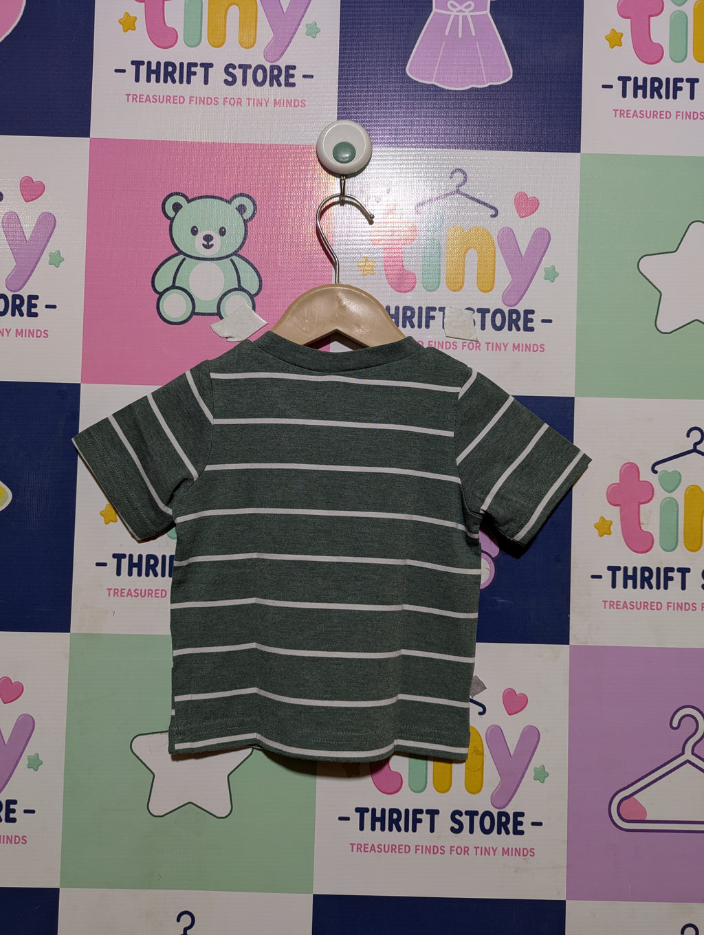 SHEIN Baby Boys Sage Green & White Striped Pocket Short Sleeve Tee - Size 9-12M Estimated Age 9-12 Months AB2