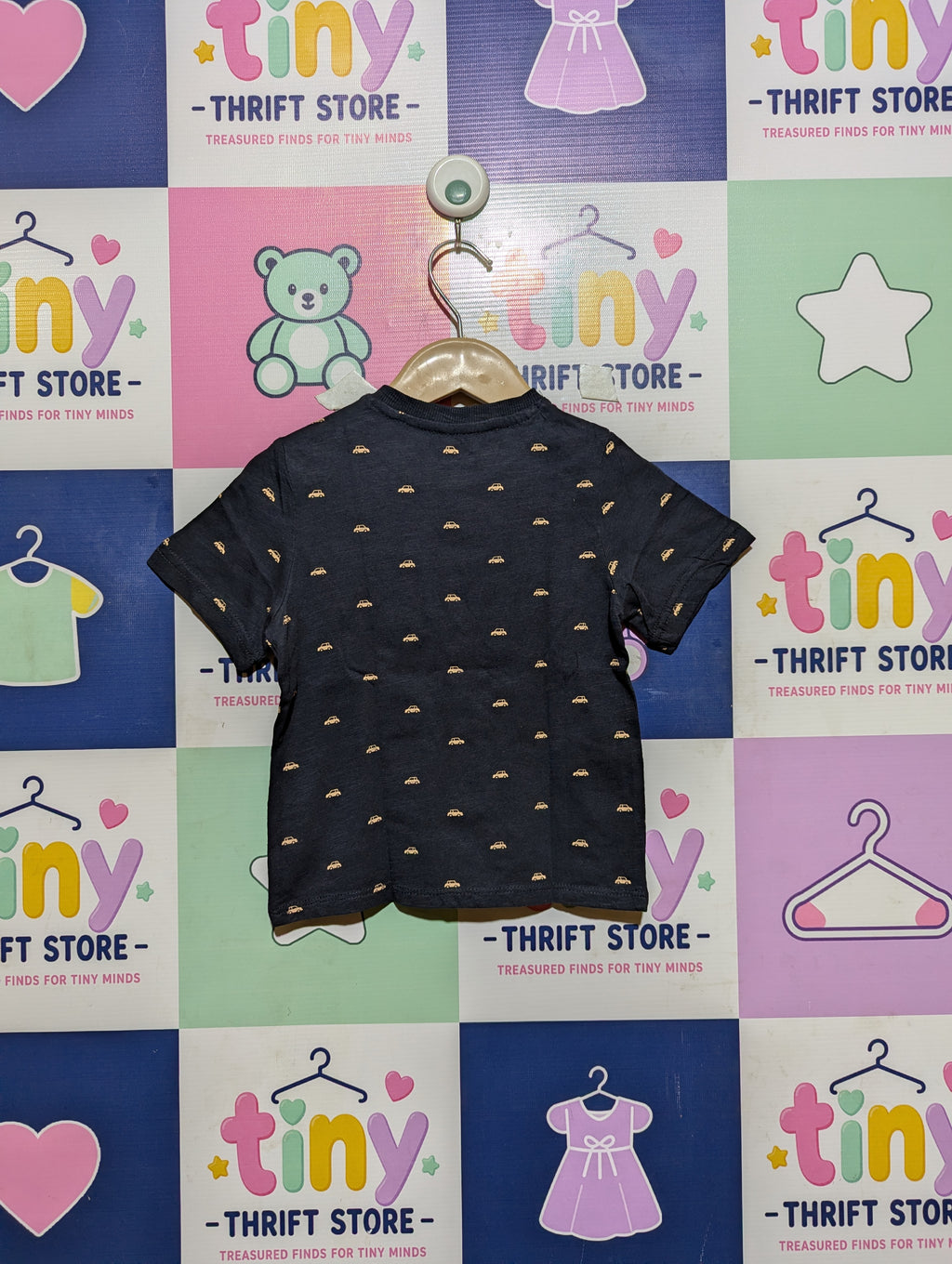KIABI Baby Boys Dark Navy Blue All-Over Car Print Short Sleeve Tee - Size 24M Estimated Age 2 Years AB2