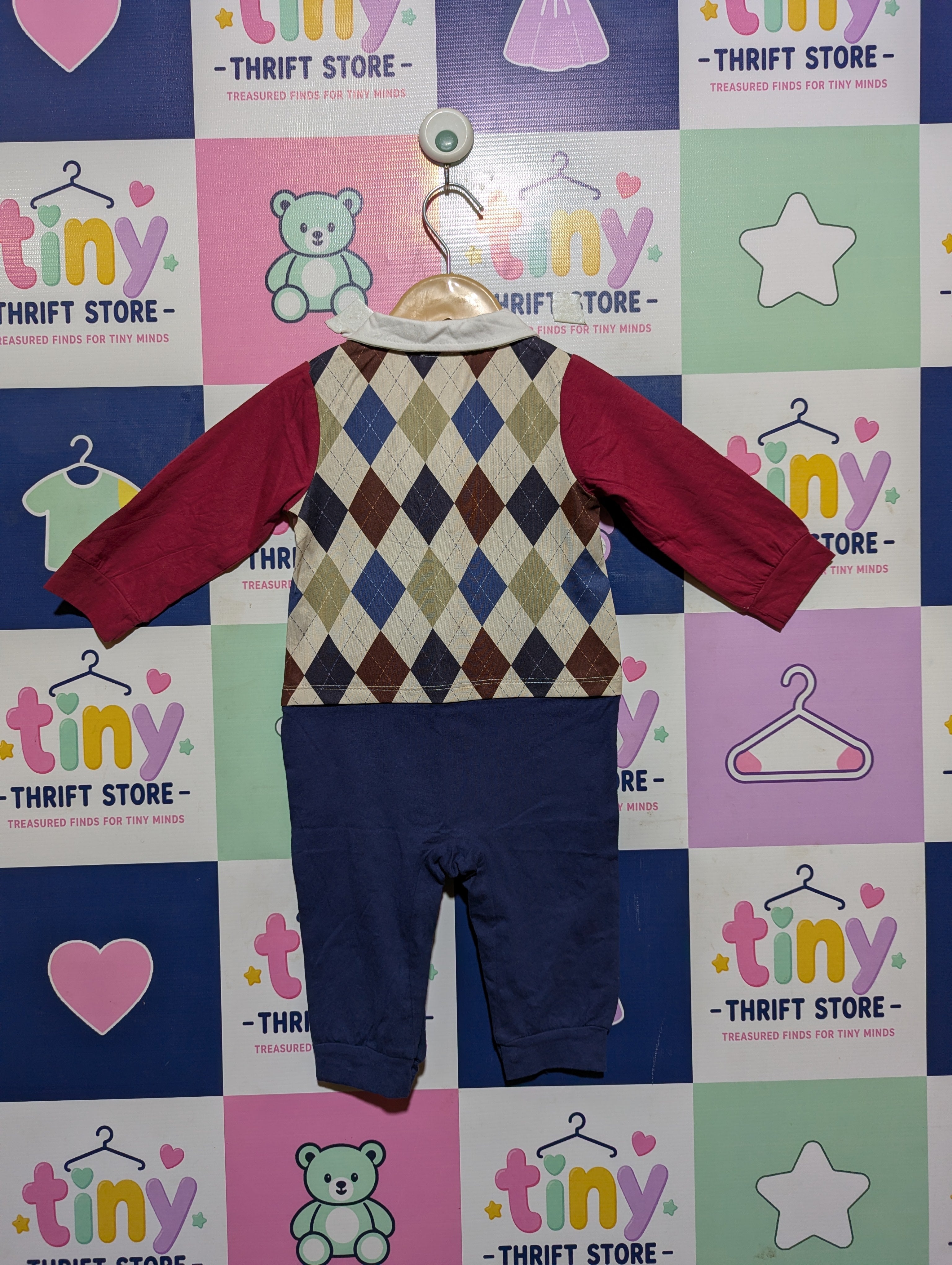 Kids Brand Baby Boys Burgundy & Navy Argyle Mock Neck Romper - Size 9-12M Estimated Age 9-12 Months AB2