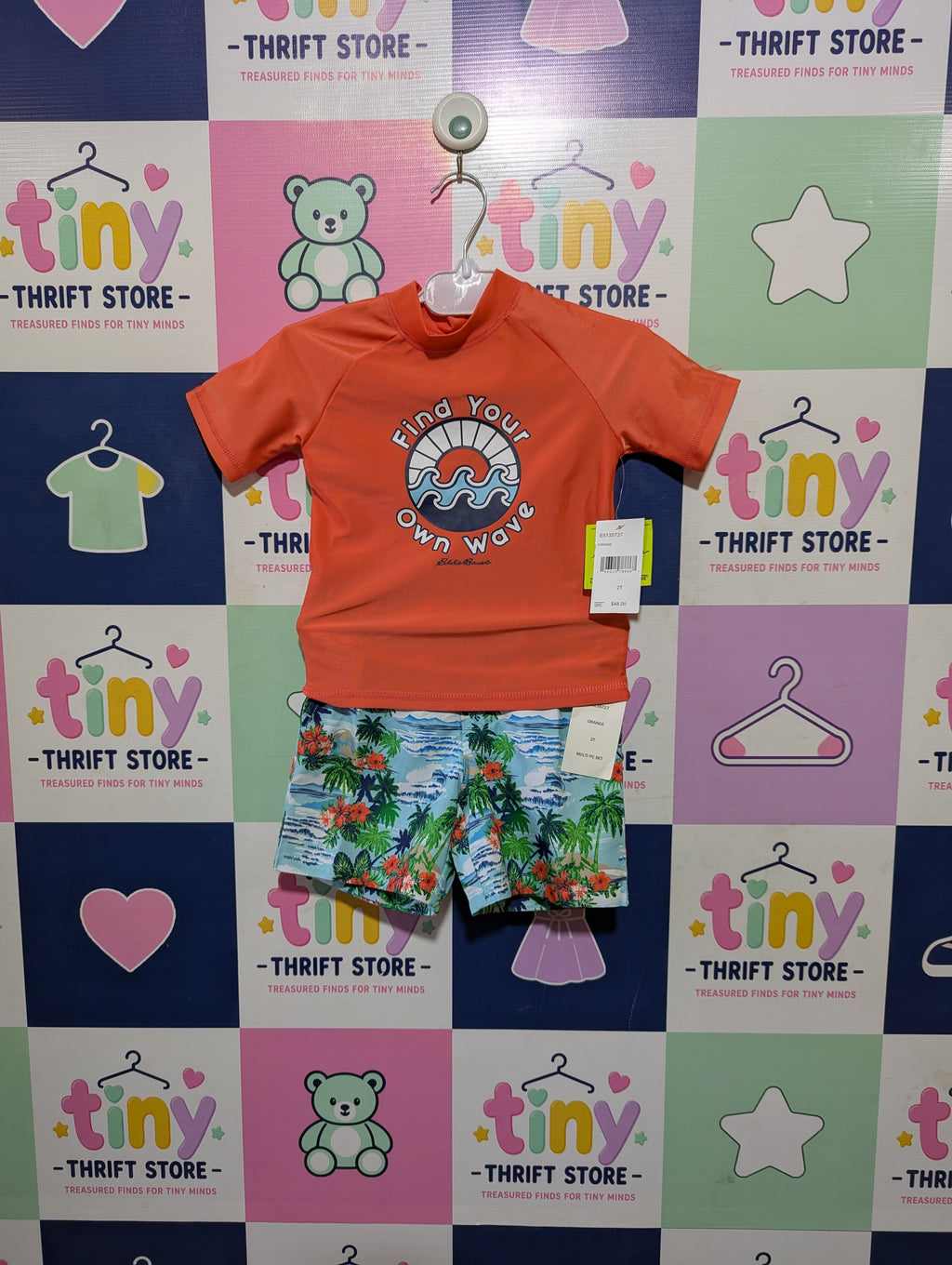 Eddie Bauer Kids Orange "Find Your Own Wave" Rash Guard and Tropical Swim Trunks Set - Size 2T Estimated Age 2 Years AB2