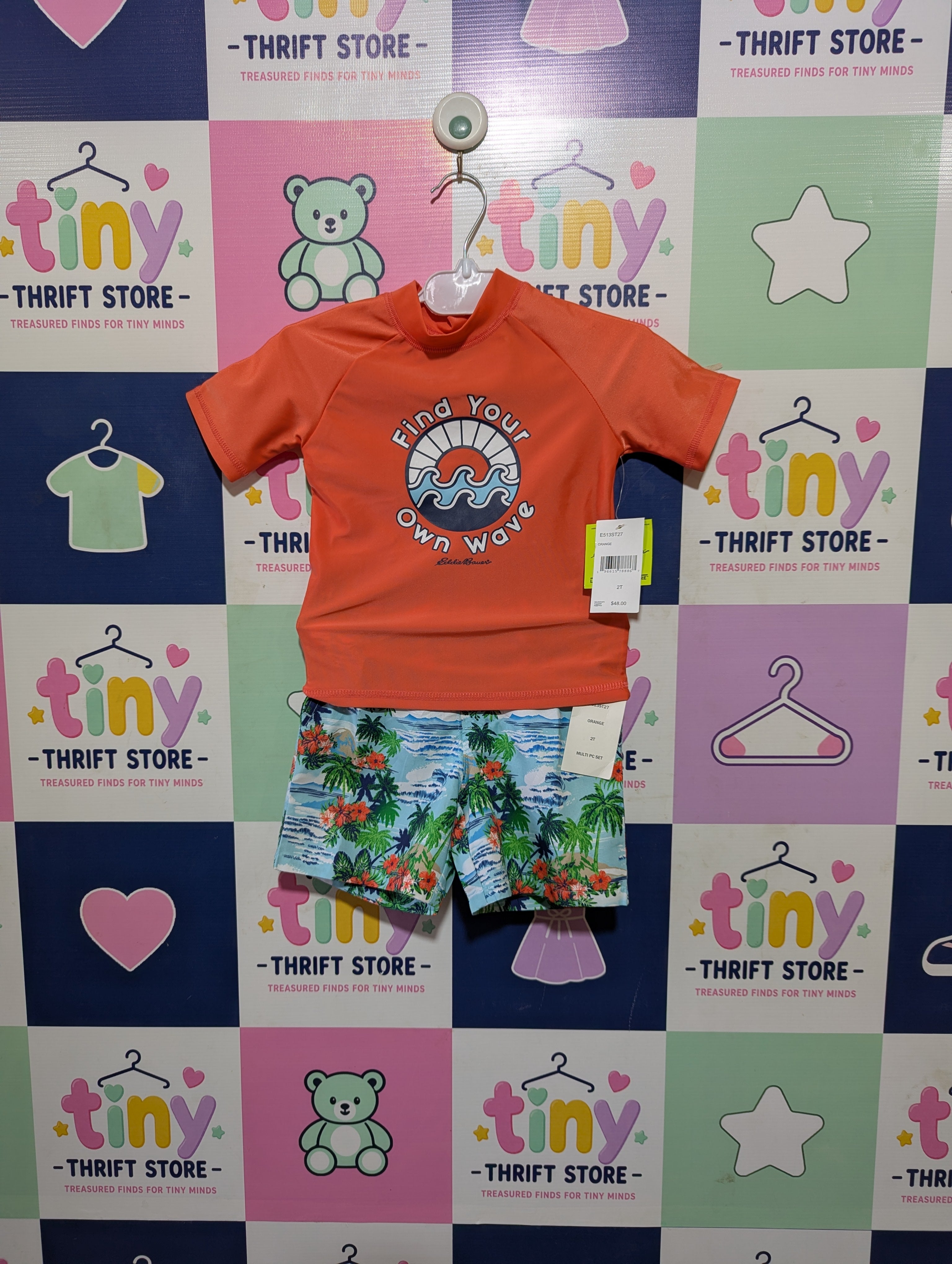 Eddie Bauer Kids Orange "Find Your Own Wave" Rash Guard and Tropical Swim Trunks Set - Size 2T Estimated Age 2 Years AB2