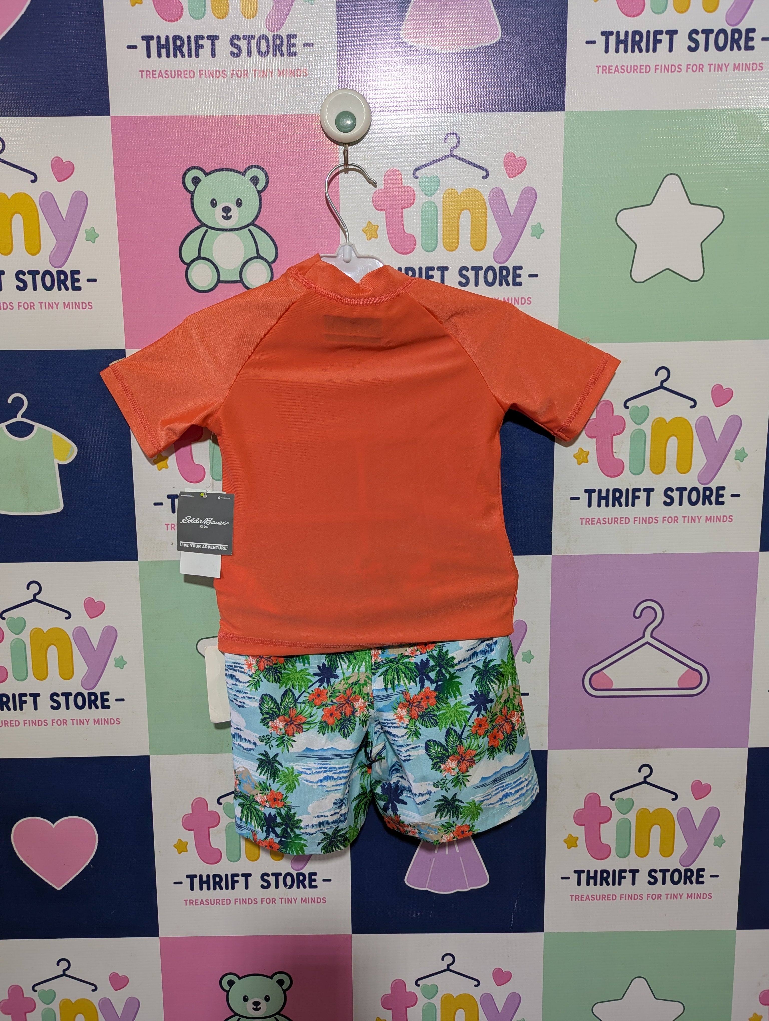 Eddie Bauer Kids Orange "Find Your Own Wave" Rash Guard and Tropical Swim Trunks Set - Size 2T Estimated Age 2 Years AB2