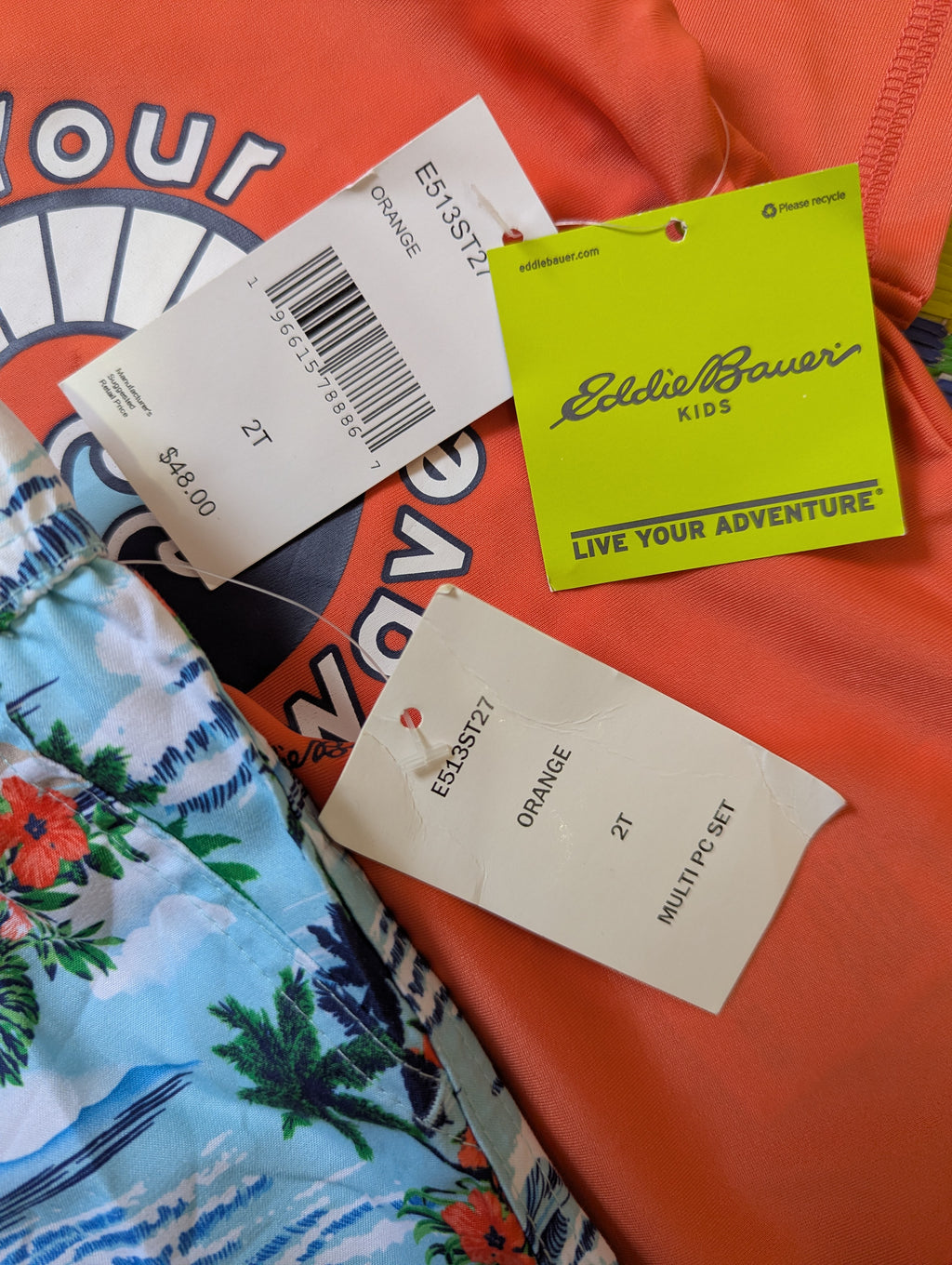 Eddie Bauer Kids Orange "Find Your Own Wave" Rash Guard and Tropical Swim Trunks Set - Size 2T Estimated Age 2 Years AB2