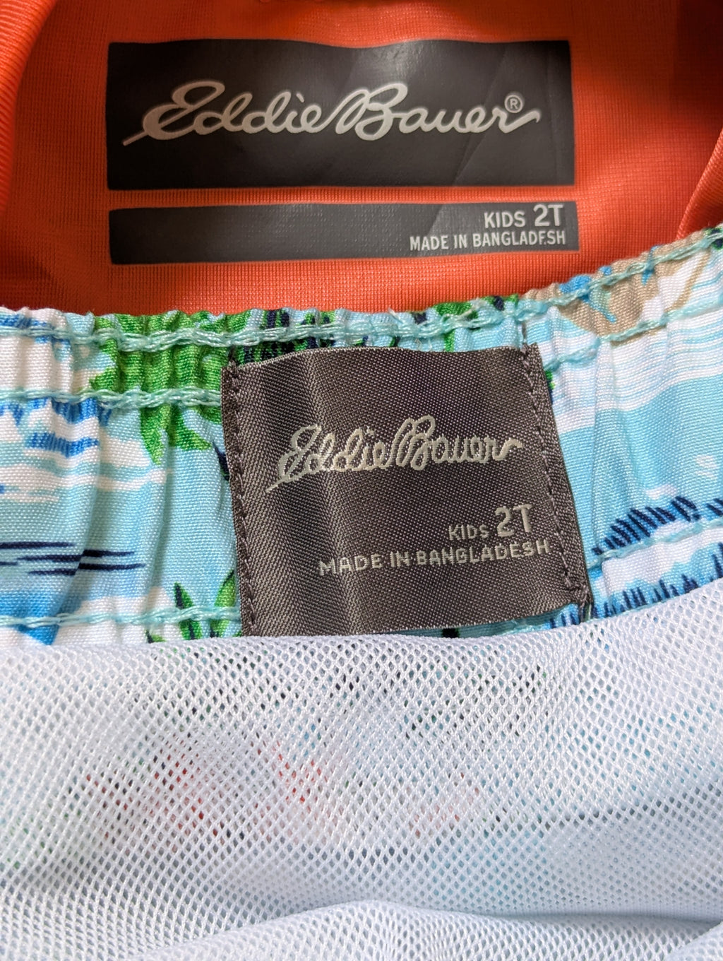 Eddie Bauer Kids Orange "Find Your Own Wave" Rash Guard and Tropical Swim Trunks Set - Size 2T Estimated Age 2 Years AB2
