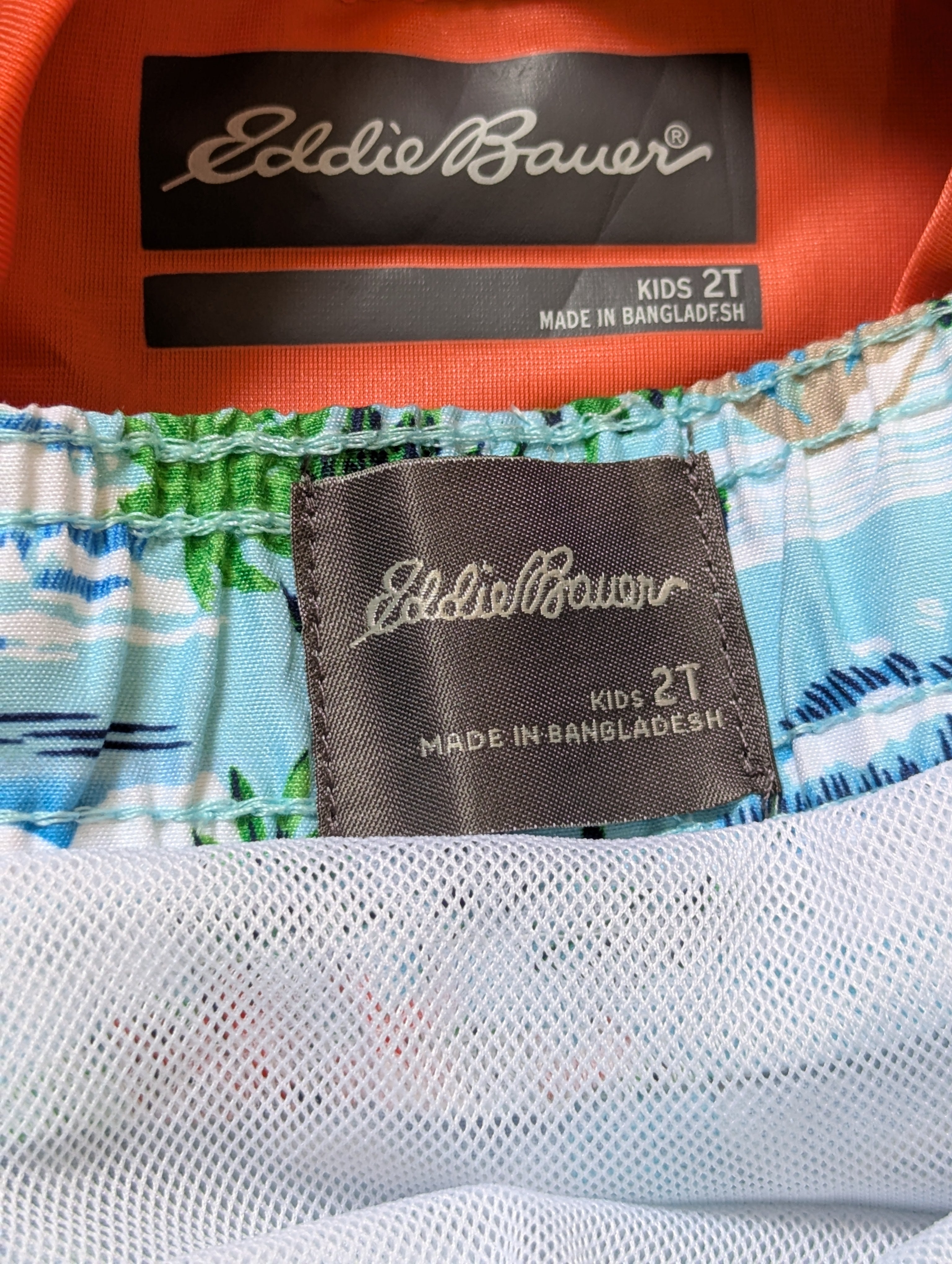 Eddie Bauer Kids Orange "Find Your Own Wave" Rash Guard and Tropical Swim Trunks Set - Size 2T Estimated Age 2 Years AB2