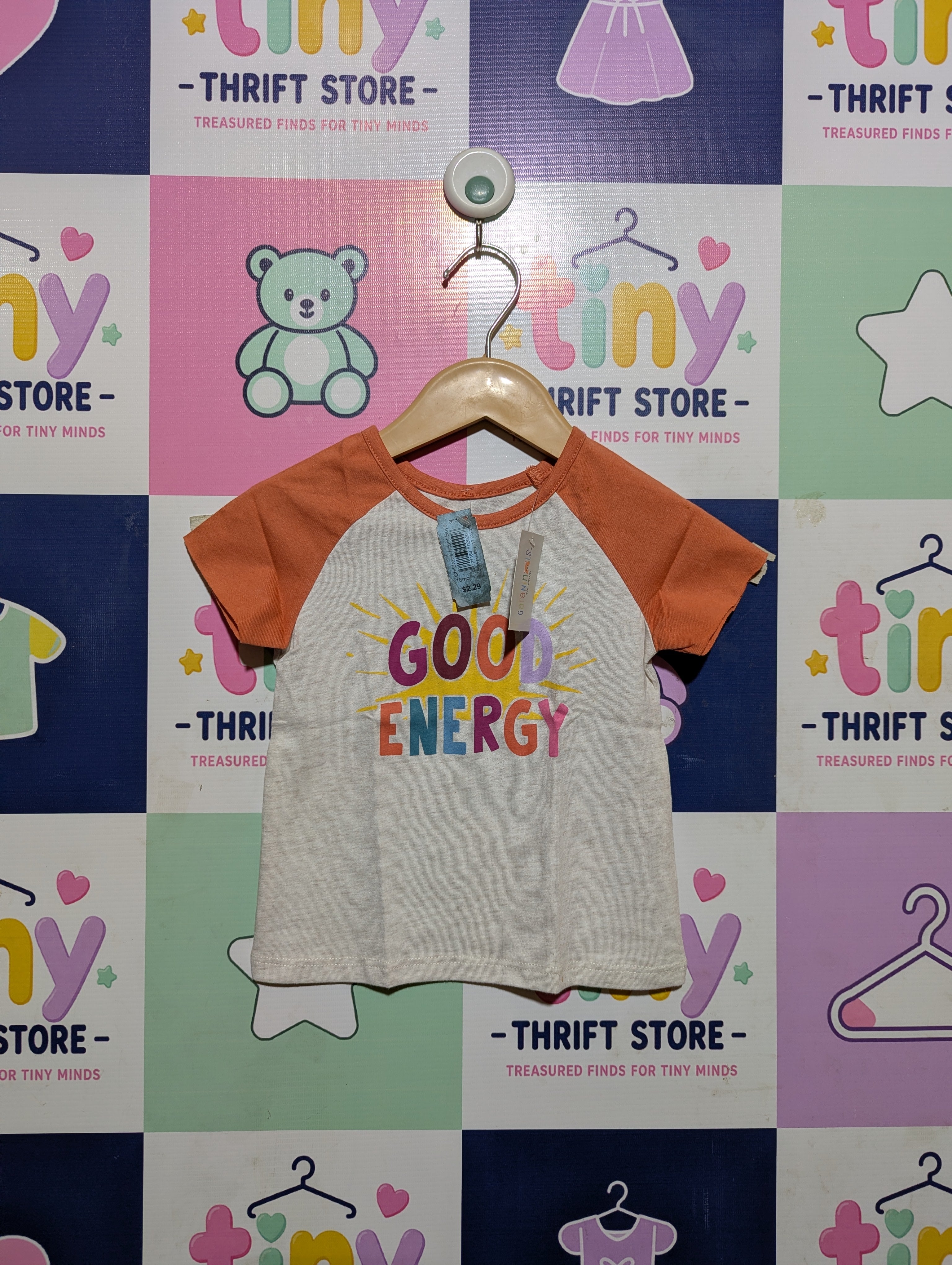 Garanimals Boys Heather Grey & Orange "Good Energy" Raglan Short Sleeve Tee - Size 18M Estimated Age 18 Months AB2