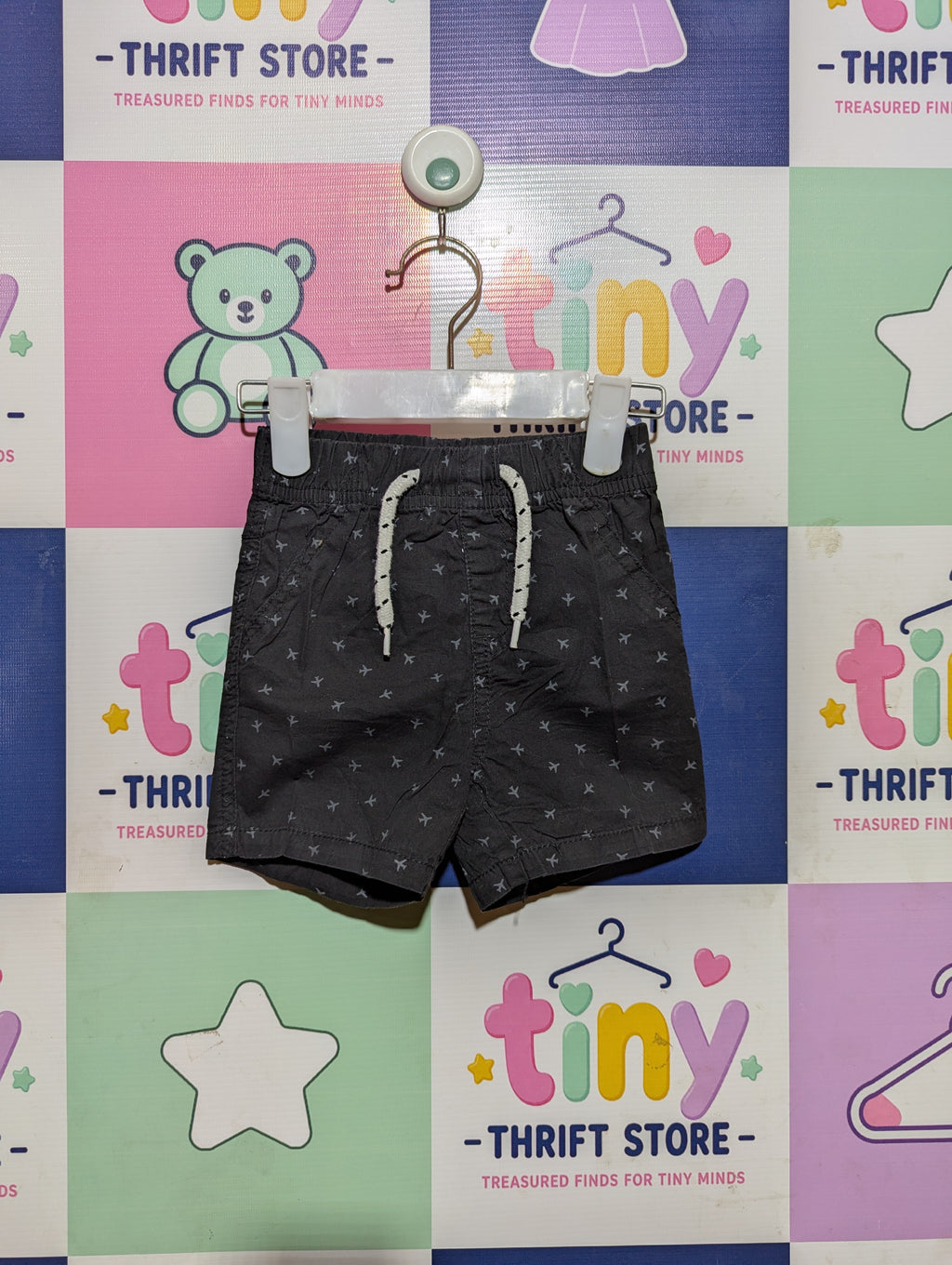Boys Dark Grey Airplane Print Casual Pull-On Shorts - Size Estimated Age 12-18M AB2