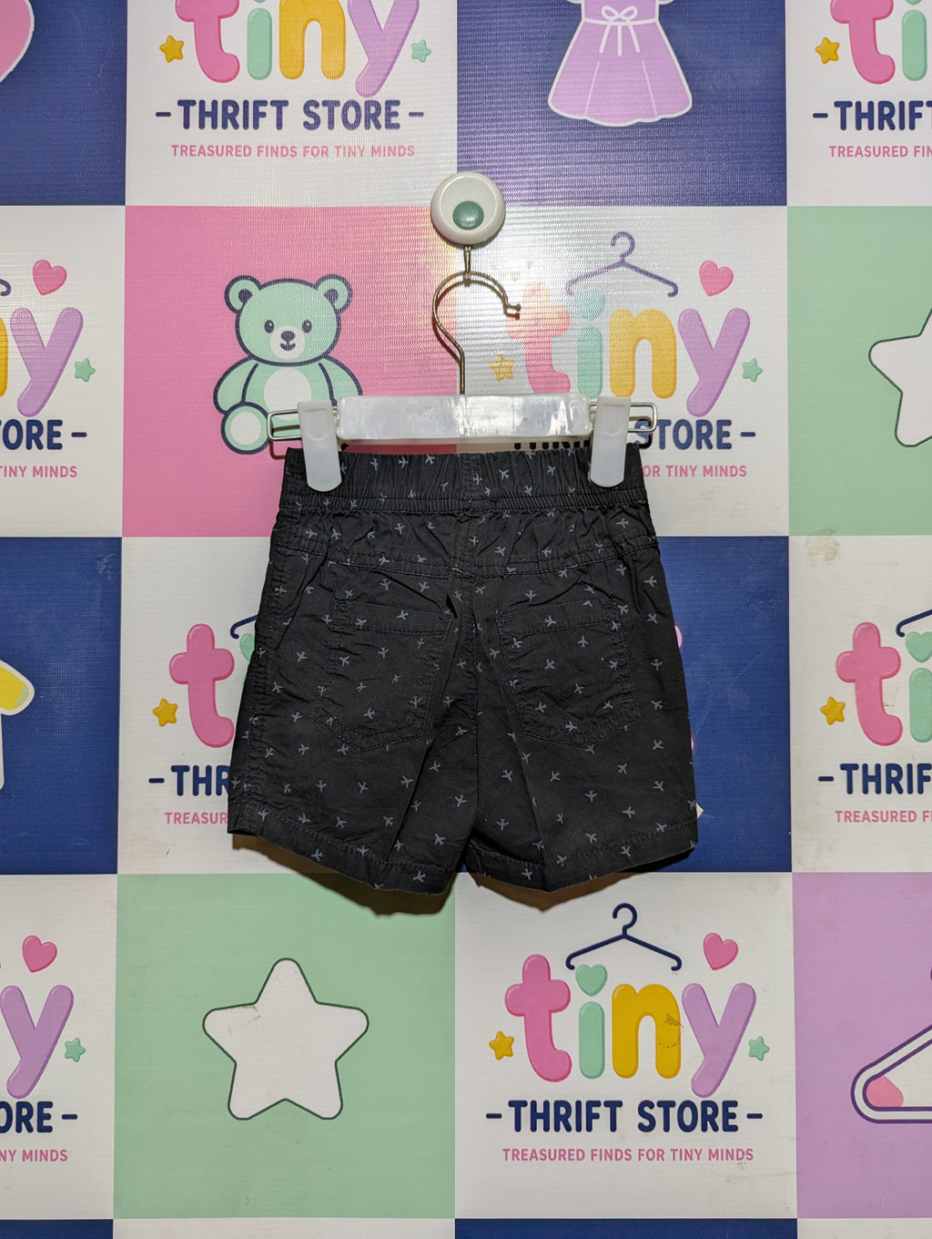 Boys Dark Grey Airplane Print Casual Pull-On Shorts - Size Estimated Age 12-18M AB2