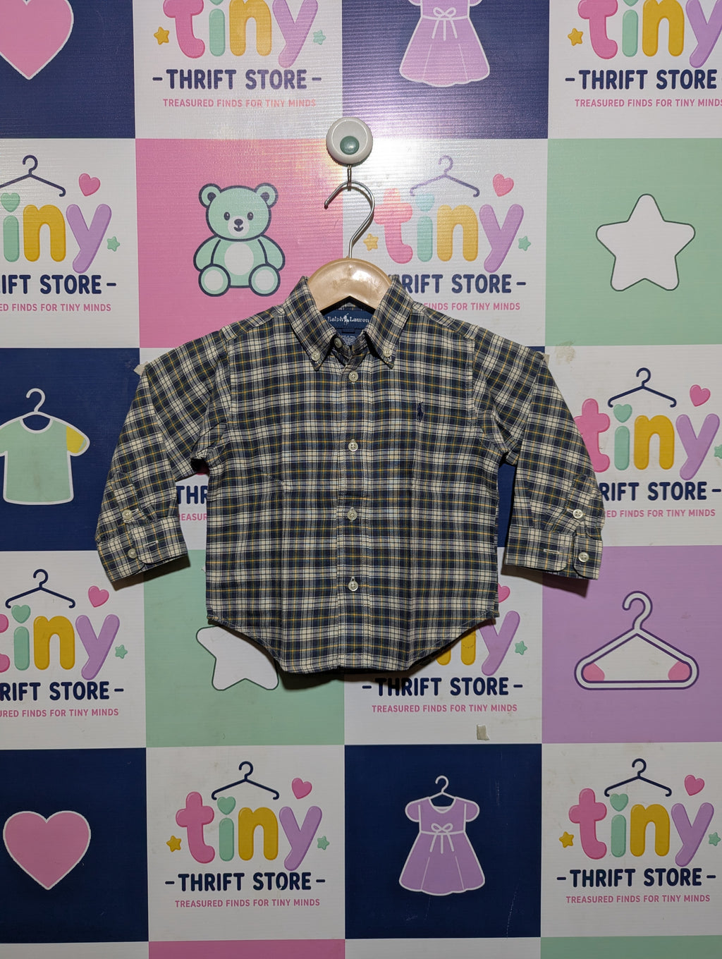 Ralph Lauren Boys Blue & Yellow Plaid Long-Sleeve Button-Down Shirt - Size Estimated Age 24M AB2