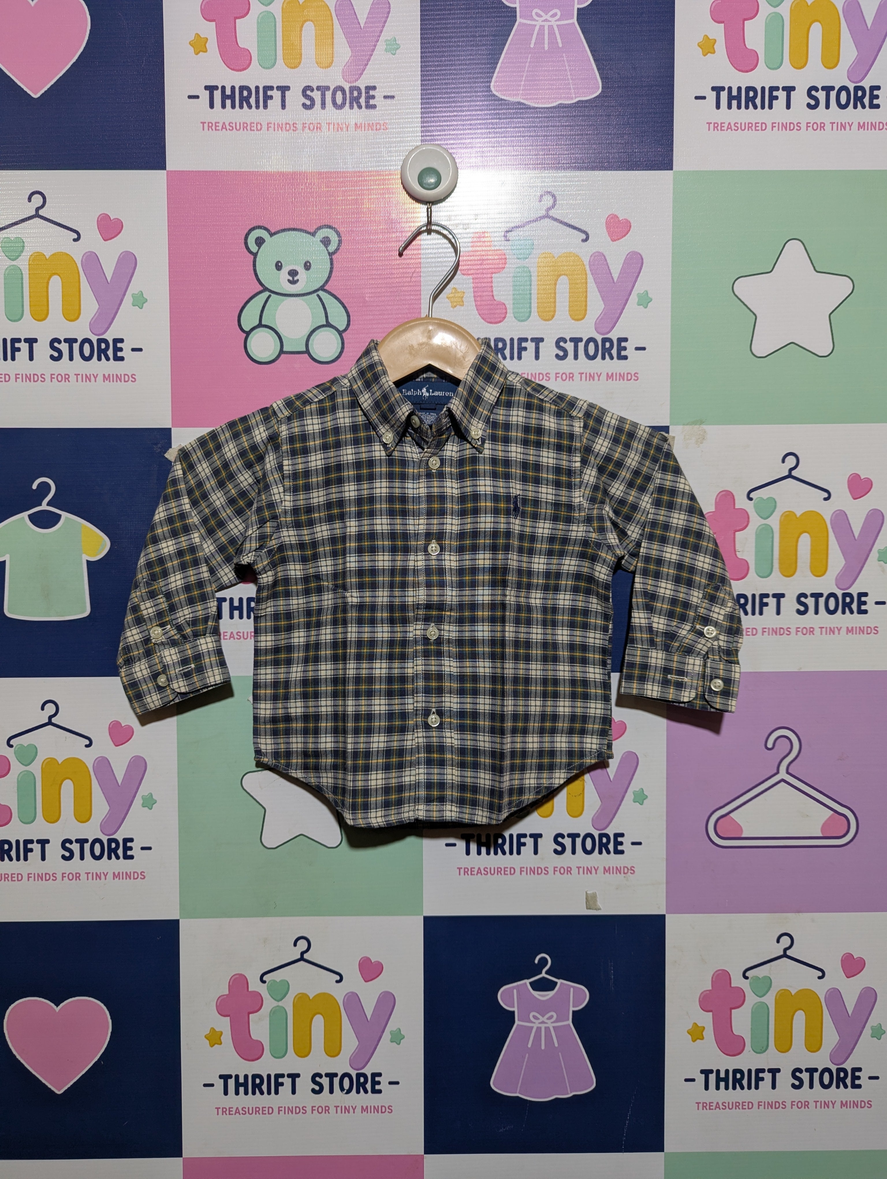 Ralph Lauren Boys Blue & Yellow Plaid Long-Sleeve Button-Down Shirt - Size Estimated Age 24M AB2