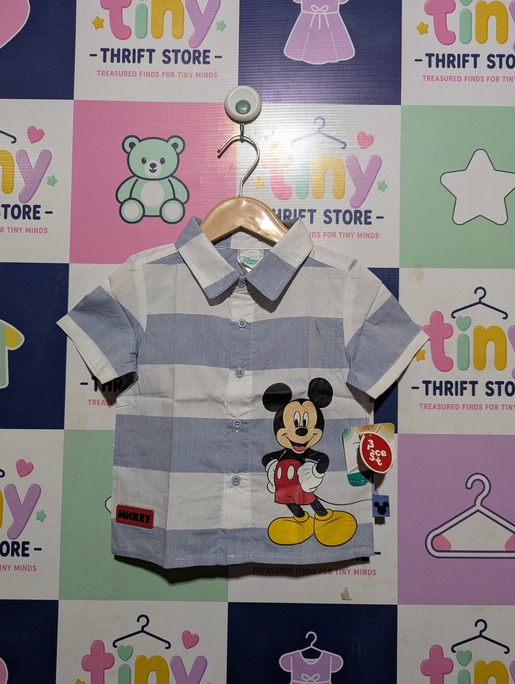 Disney Baby Boys Light Blue & White Striped Mickey Mouse Button-Down Shirt - Size Estimated Age 18M AB2