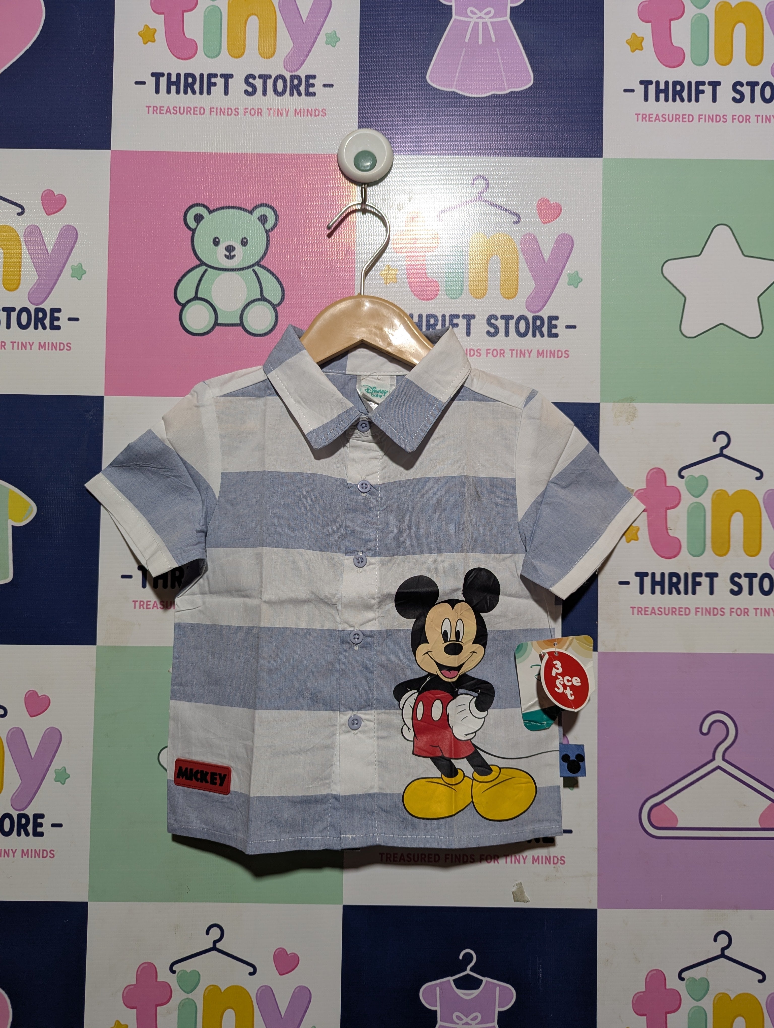 Disney Baby Boys Light Blue & White Striped Mickey Mouse Button-Down Shirt - Size Estimated Age 18M AB2