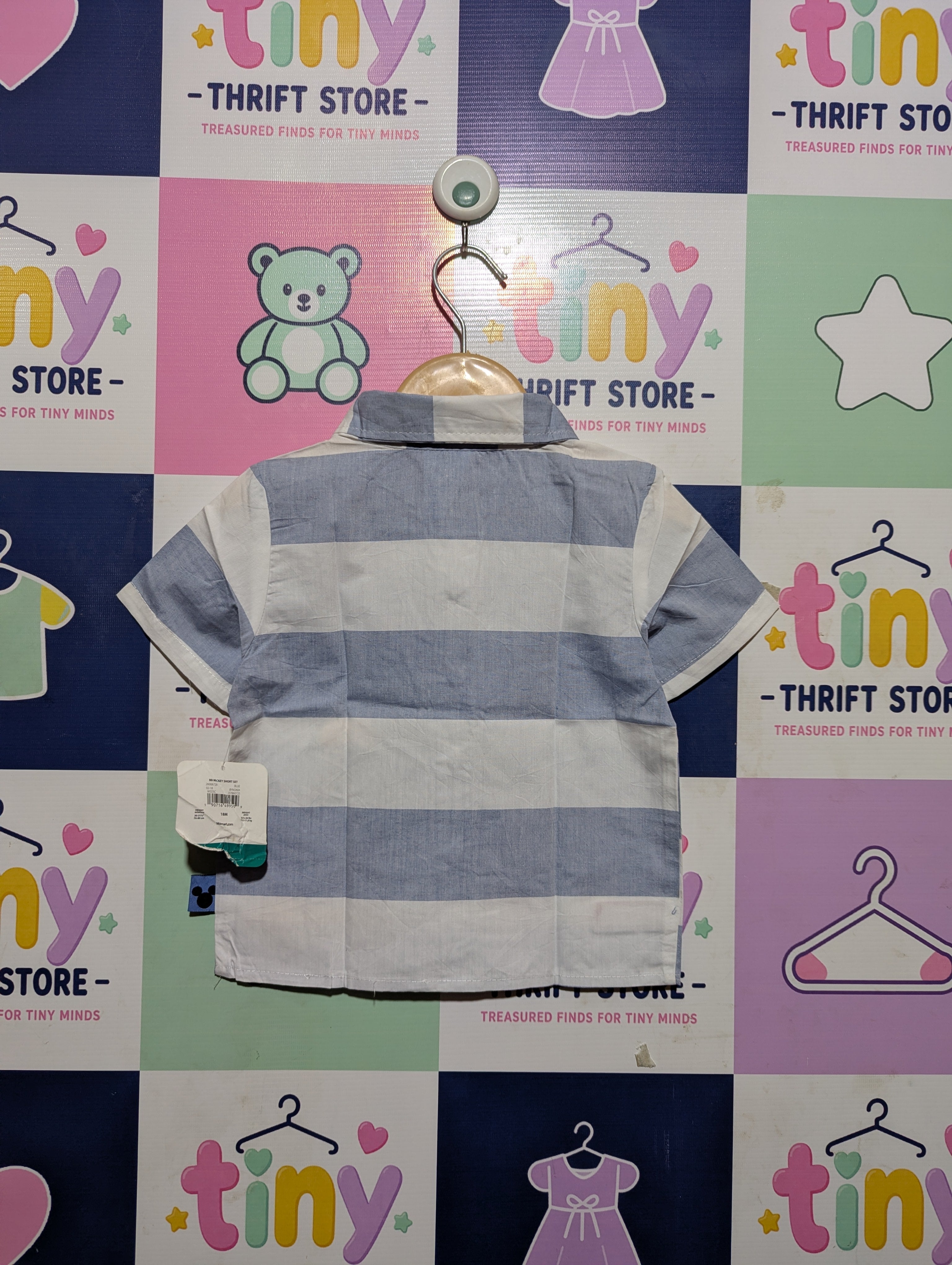 Disney Baby Boys Light Blue & White Striped Mickey Mouse Button-Down Shirt - Size Estimated Age 18M AB2