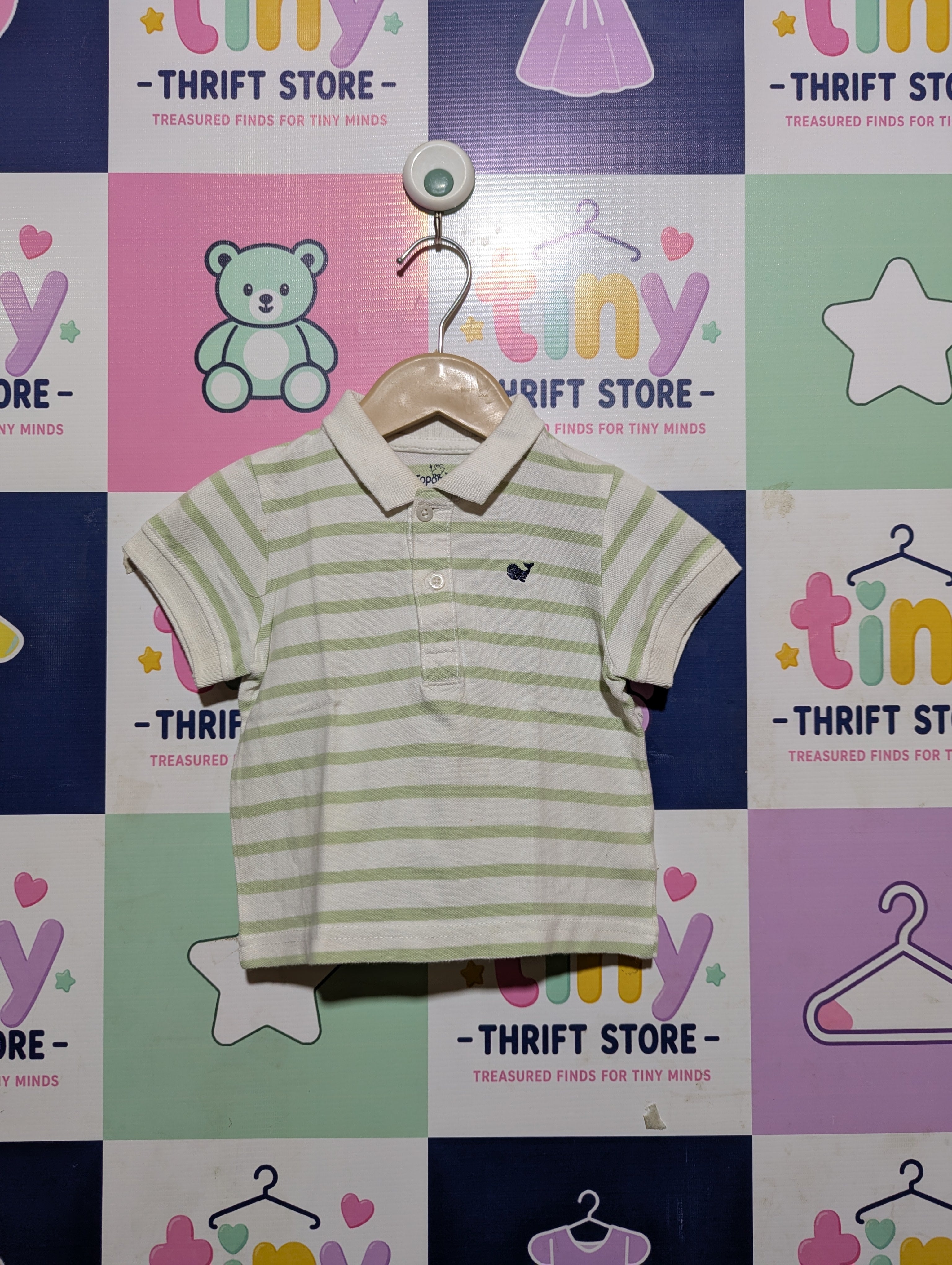 Topomini Boys Sage Green & White Striped Polo Shirt - Size Estimated Age 12M AB2