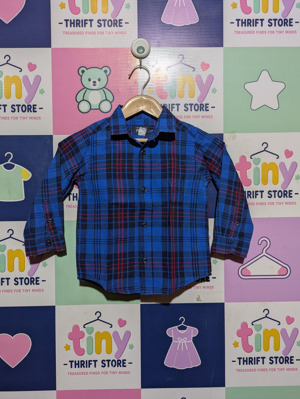 The Children's Place Boys Blue & Red Plaid Long-Sleeve Button-Down Shirt - Size Estimated Age 2T AB2