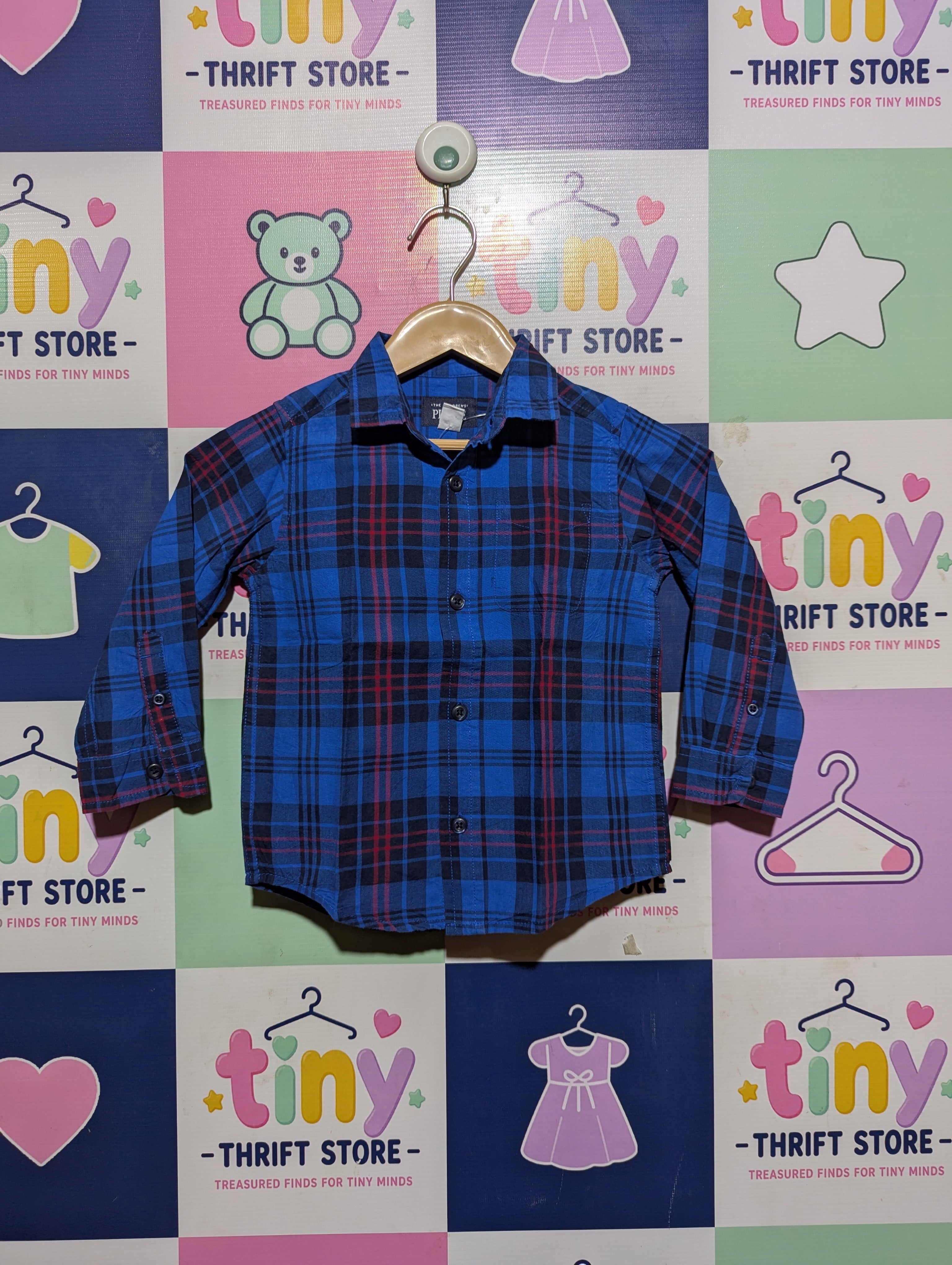 The Children's Place Boys Blue & Red Plaid Long-Sleeve Button-Down Shirt - Size Estimated Age 2T AB2