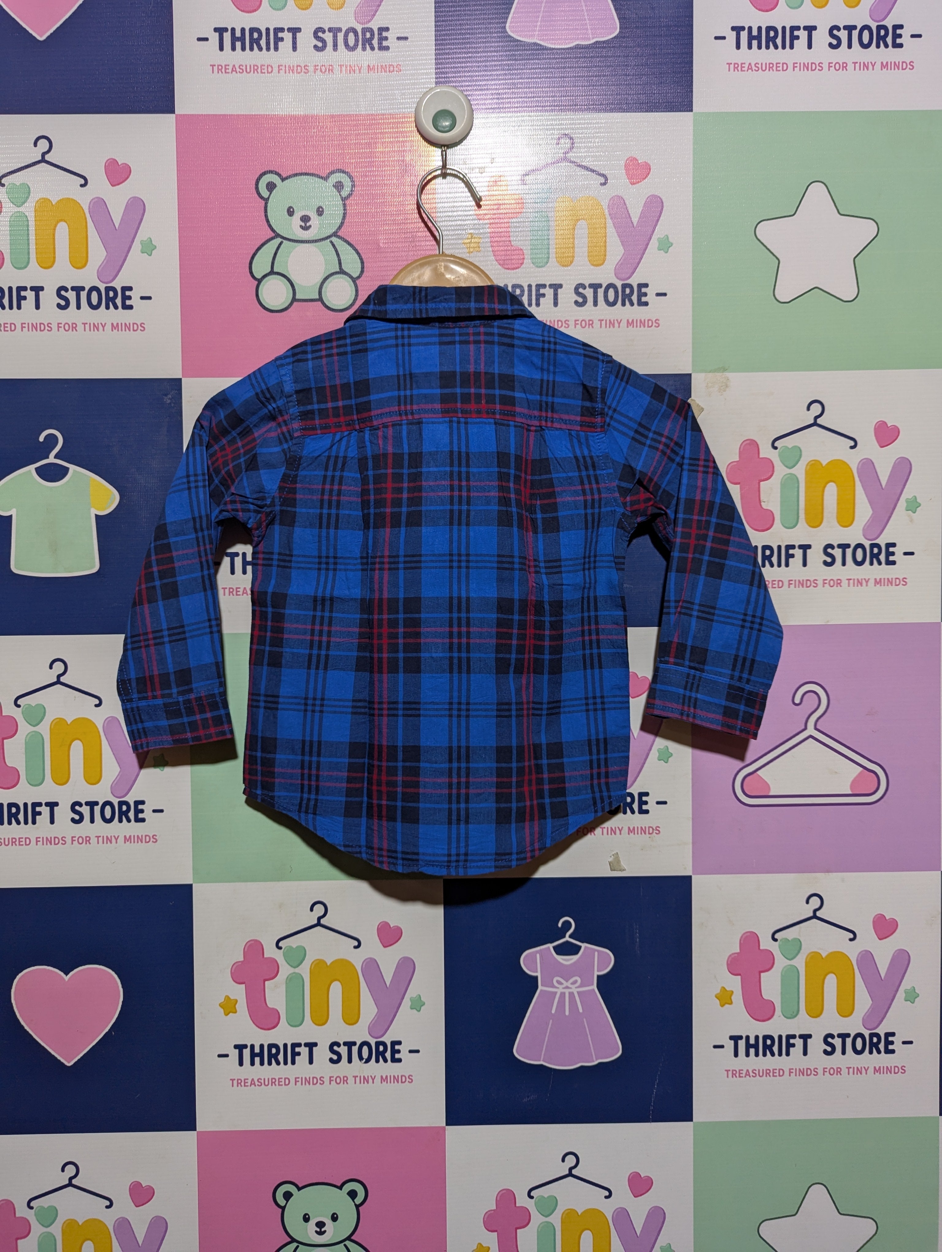 The Children's Place Boys Blue & Red Plaid Long-Sleeve Button-Down Shirt - Size Estimated Age 2T AB2