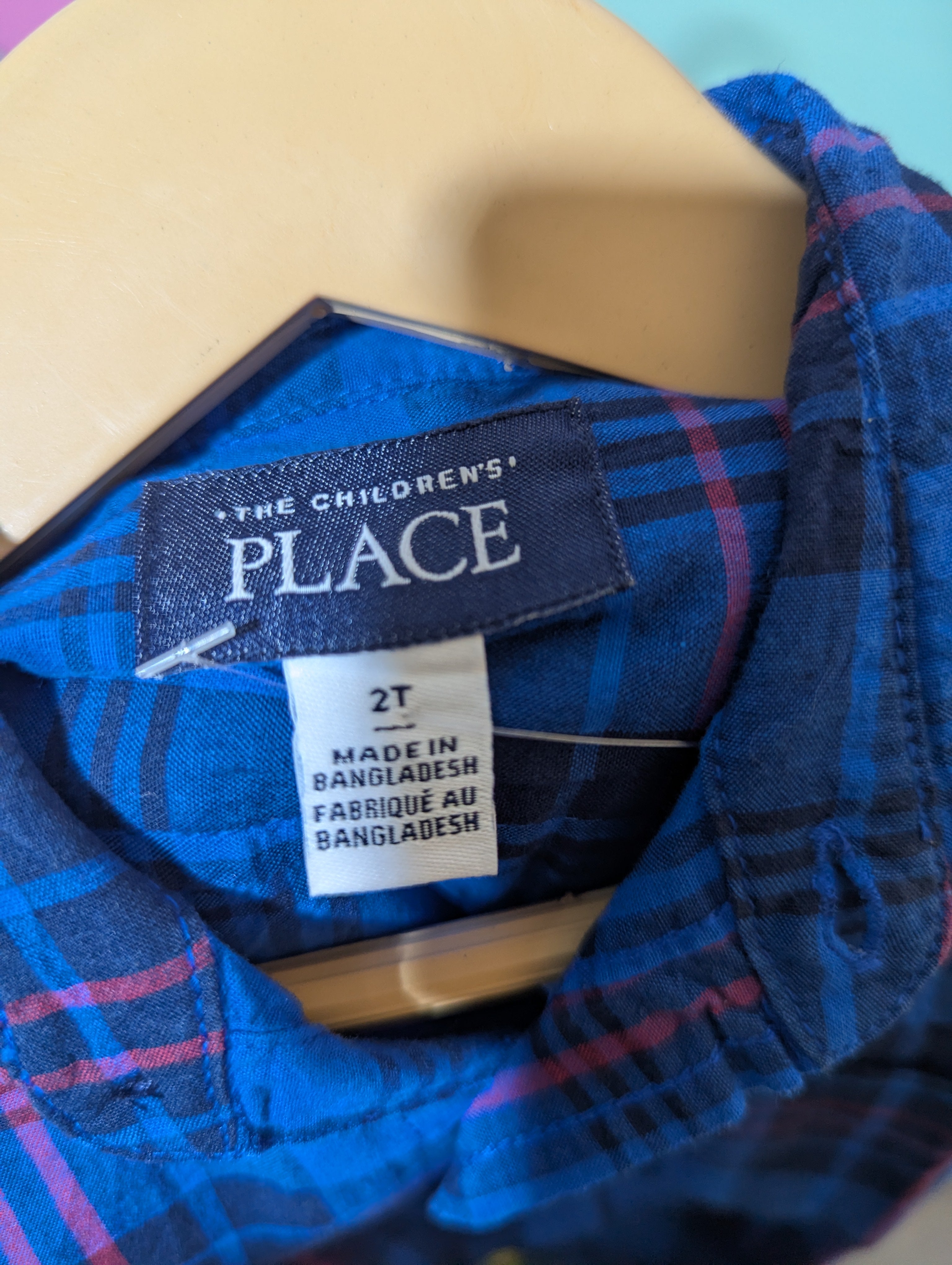 The Children's Place Boys Blue & Red Plaid Long-Sleeve Button-Down Shirt - Size Estimated Age 2T AB2
