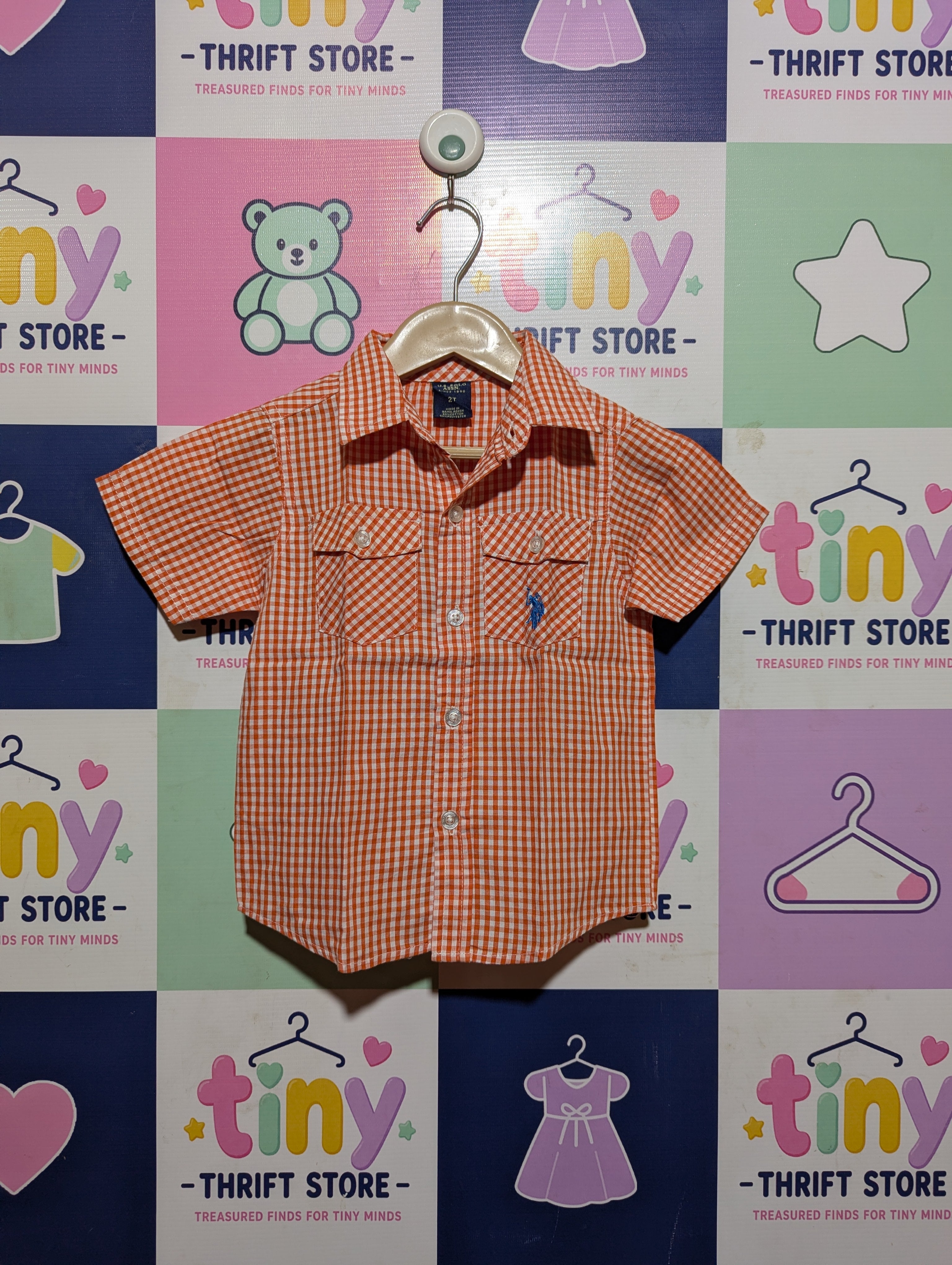 U.S. Polo Assn. Boys Orange & White Gingham Short-Sleeve Button-Down Shirt - Size Estimated Age 2T AB2