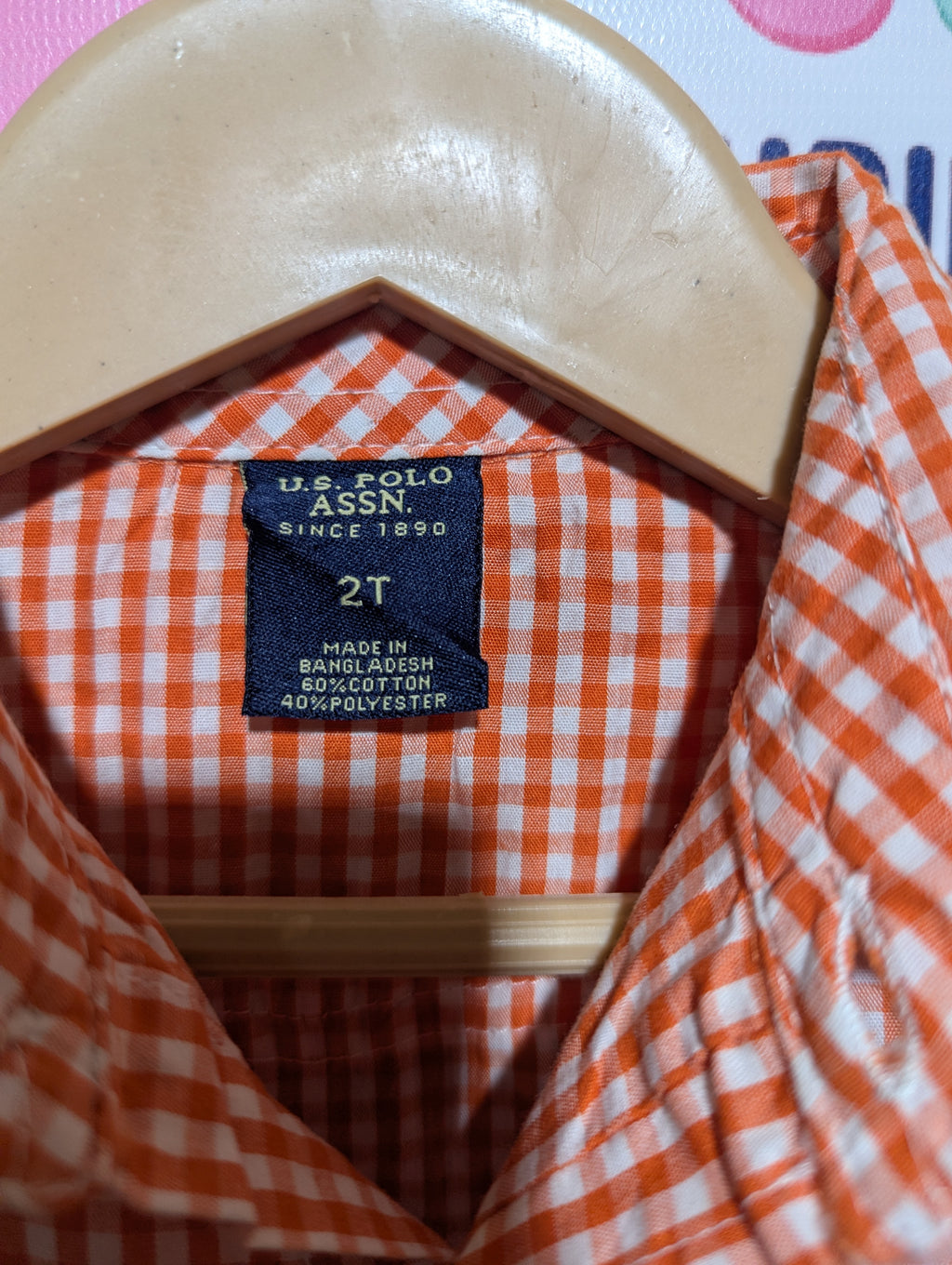U.S. Polo Assn. Boys Orange & White Gingham Short-Sleeve Button-Down Shirt - Size Estimated Age 2T AB2