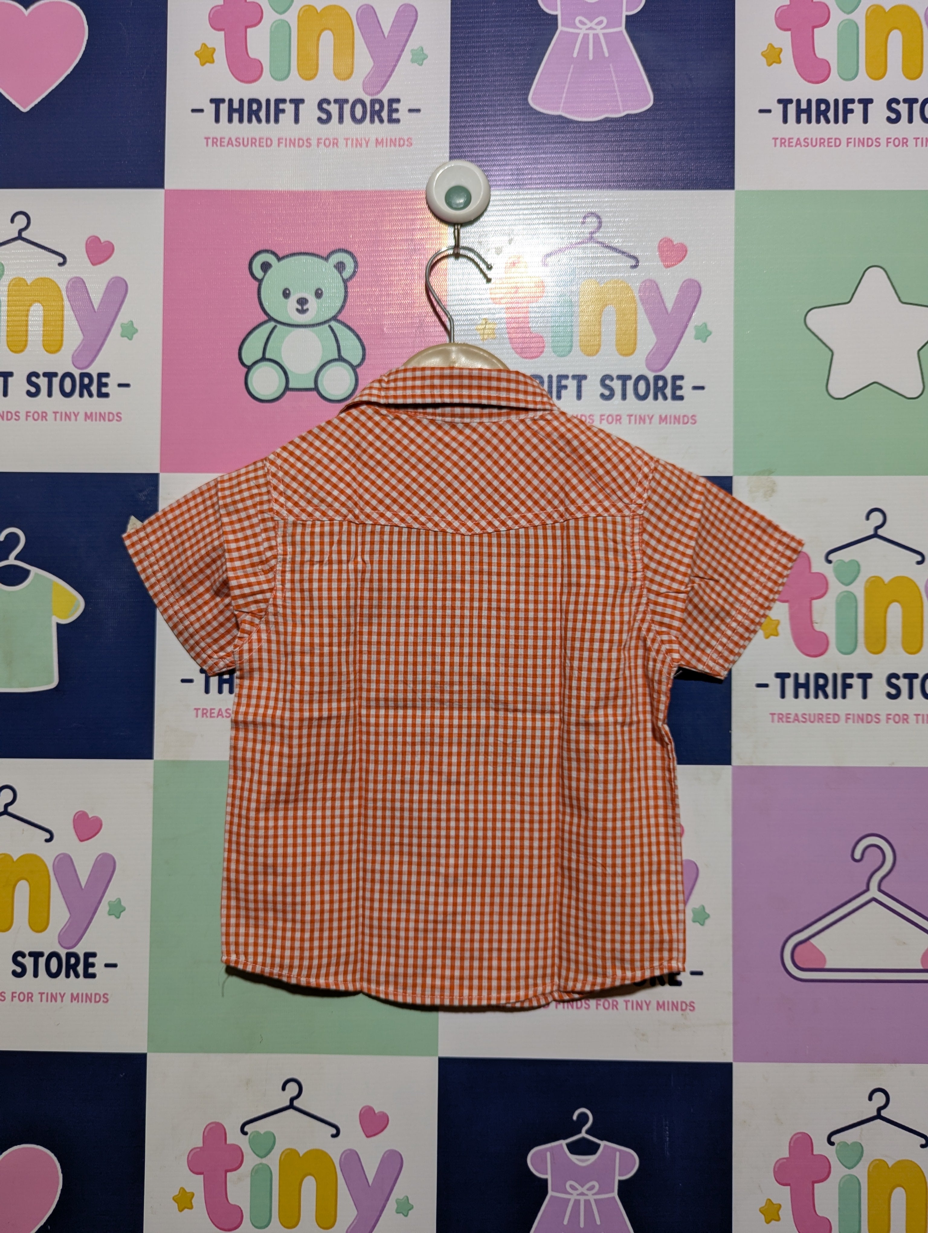 U.S. Polo Assn. Boys Orange & White Gingham Short-Sleeve Button-Down Shirt - Size Estimated Age 2T AB2