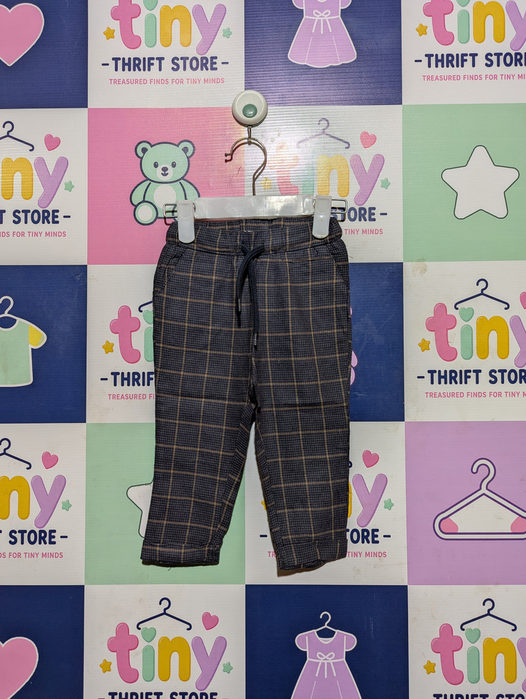 So Cute Boys Navy Blue & Orange Plaid Casual Trousers - Size Estimated Age 9-12M AB2
