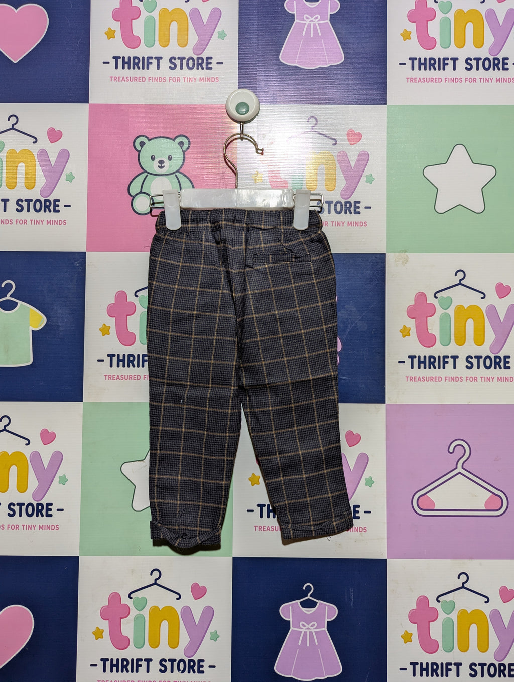 So Cute Boys Navy Blue & Orange Plaid Casual Trousers - Size Estimated Age 9-12M AB2