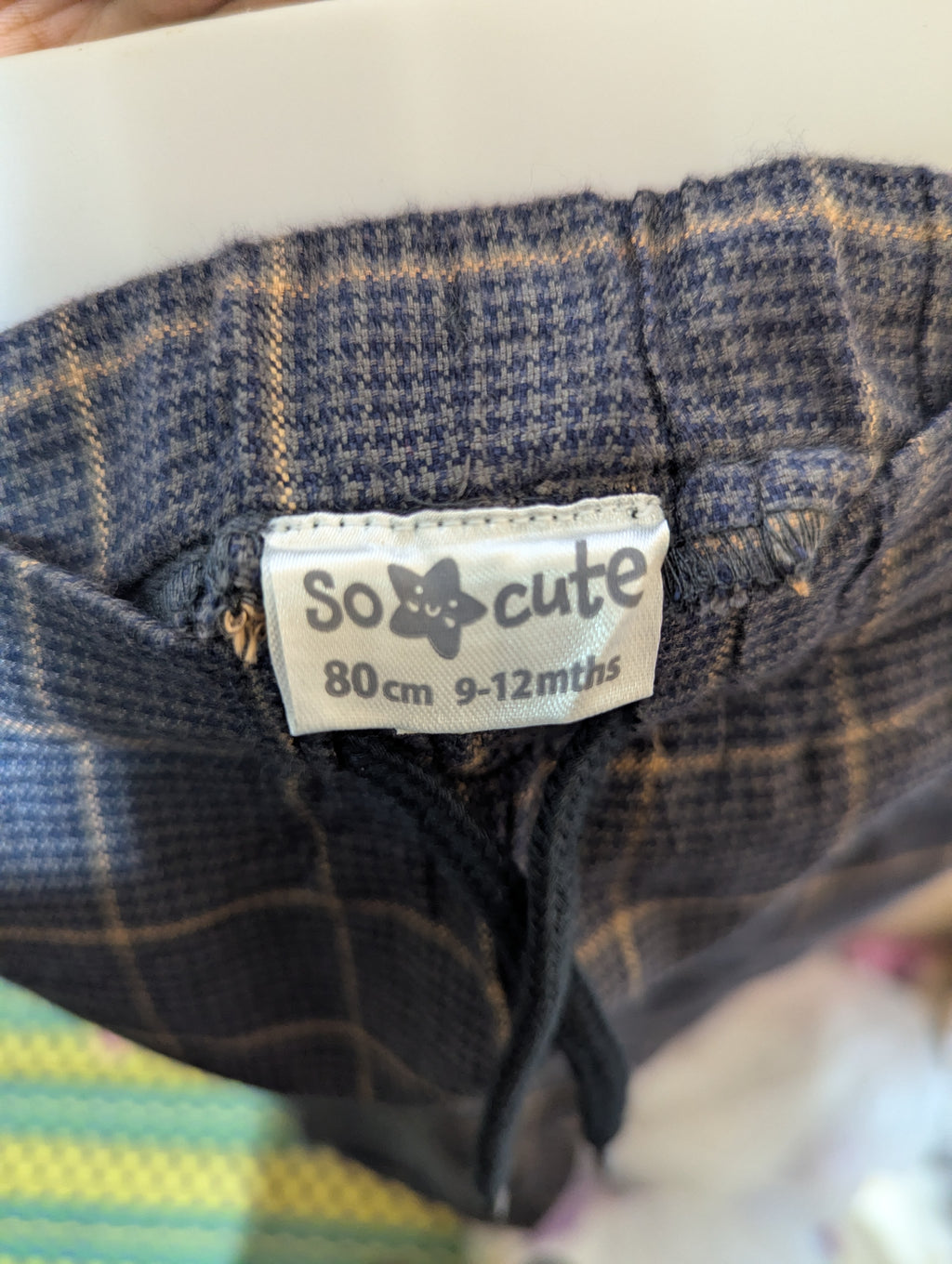 So Cute Boys Navy Blue & Orange Plaid Casual Trousers - Size Estimated Age 9-12M AB2