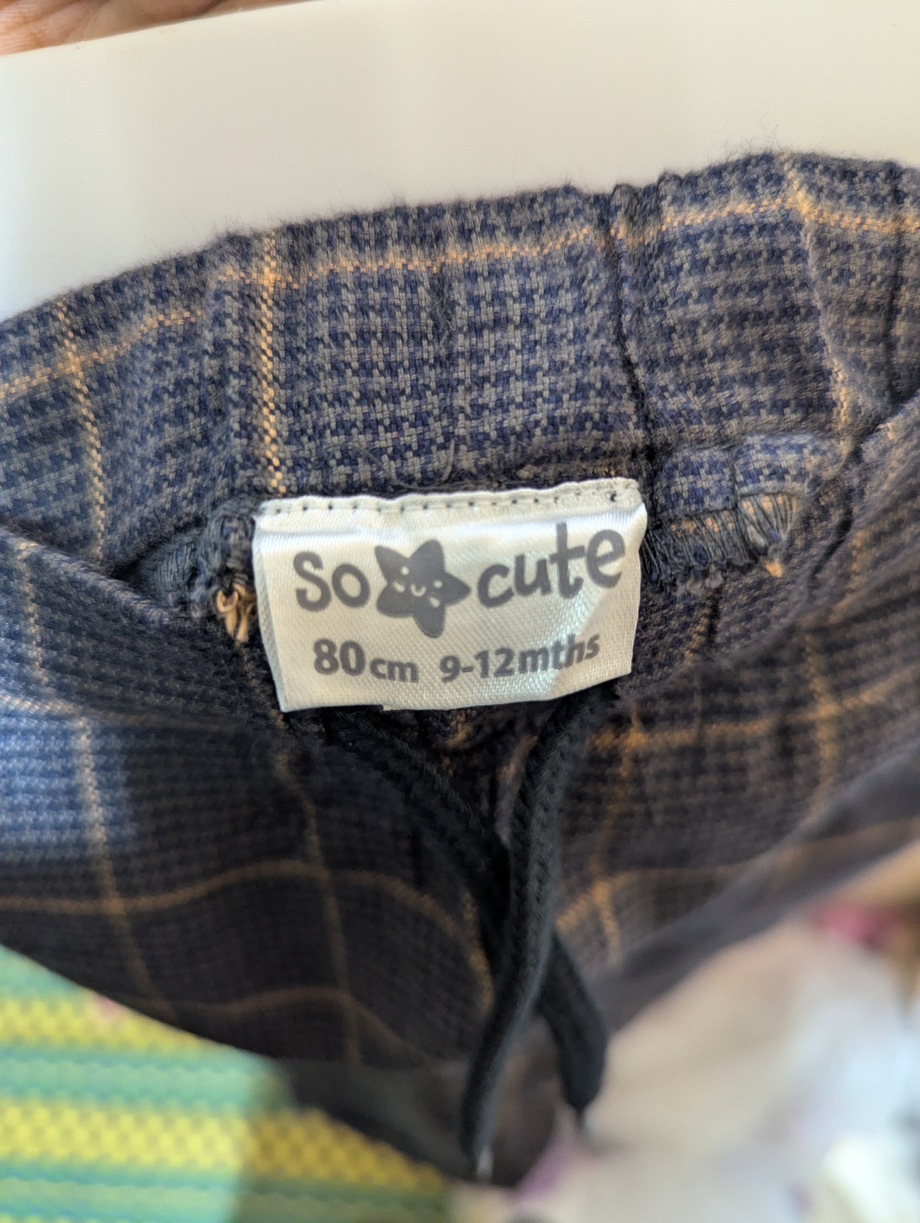 So Cute Boys Navy Blue & Orange Plaid Casual Trousers - Size Estimated Age 9-12M AB2