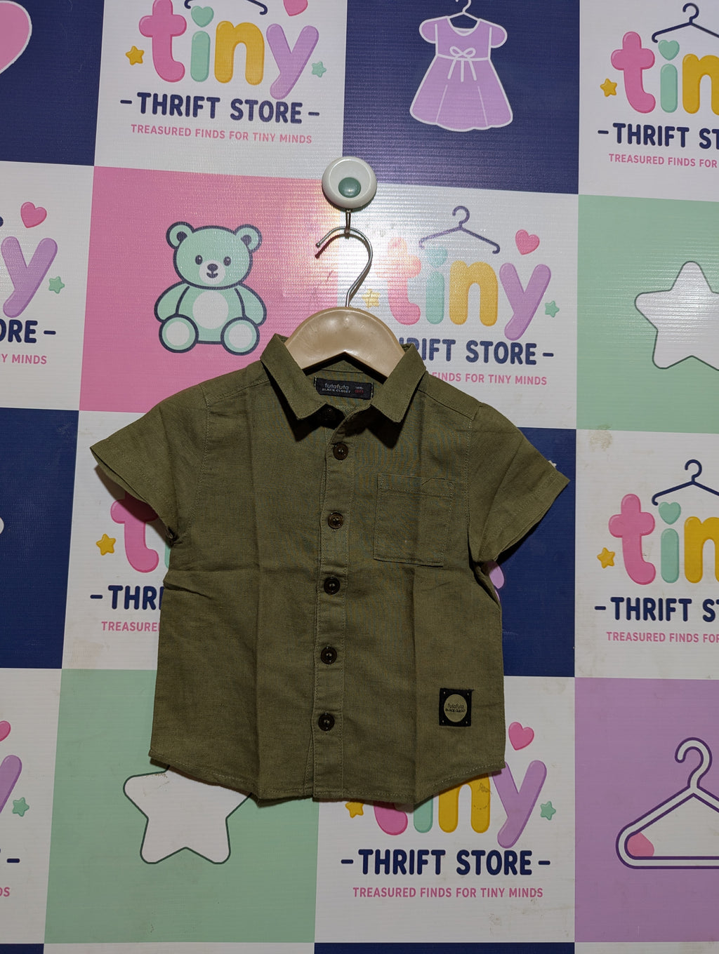 Futafuta Black Closet Boys Olive Green Short-Sleeve Button-Down Shirt - Size Estimated Age 12-18M AB2