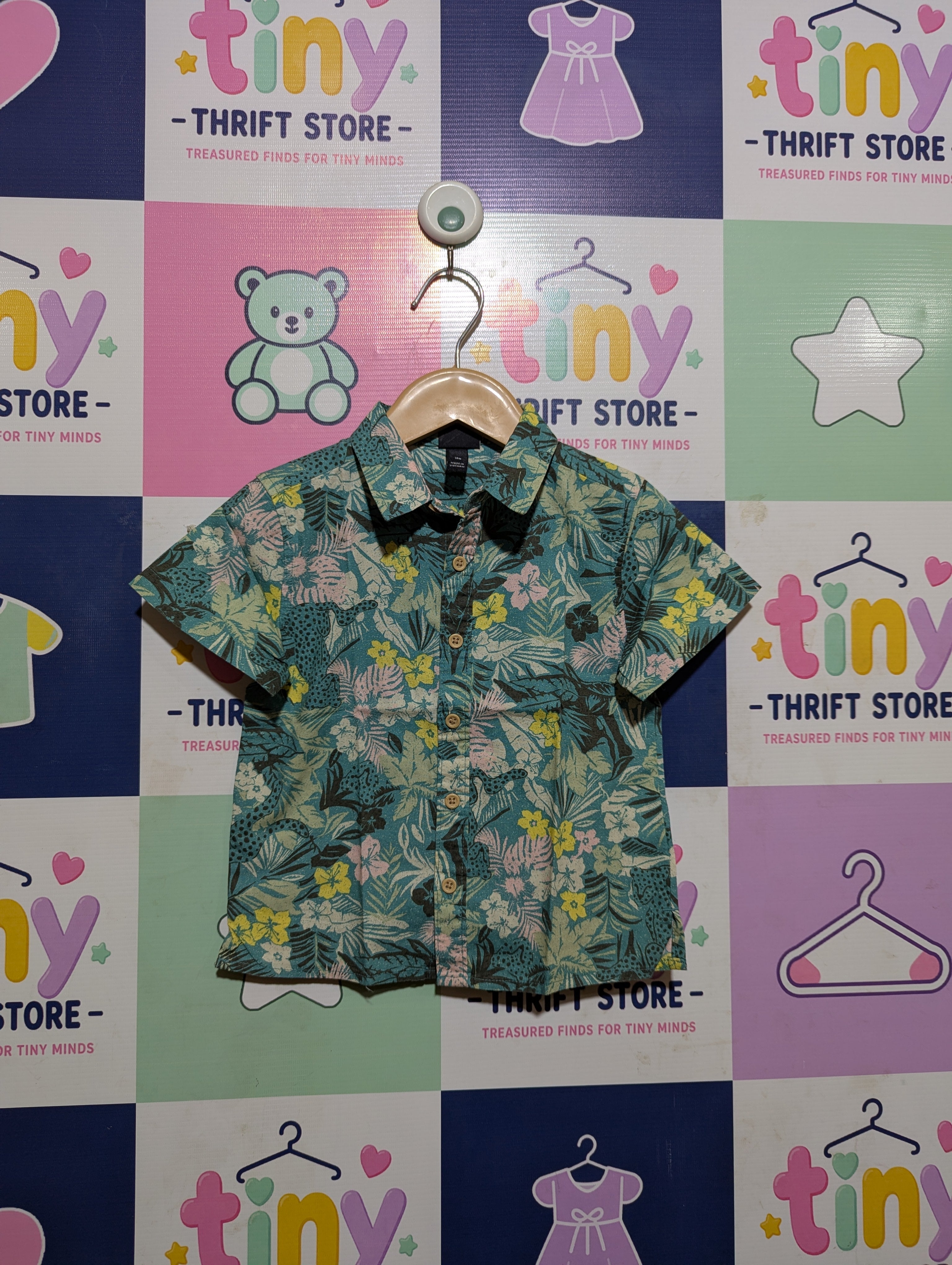 Art Class Boys Teal & Pink Tropical Jungle Print Short-Sleeve Button-Down Shirt - Size Estimated Age 18M AB2