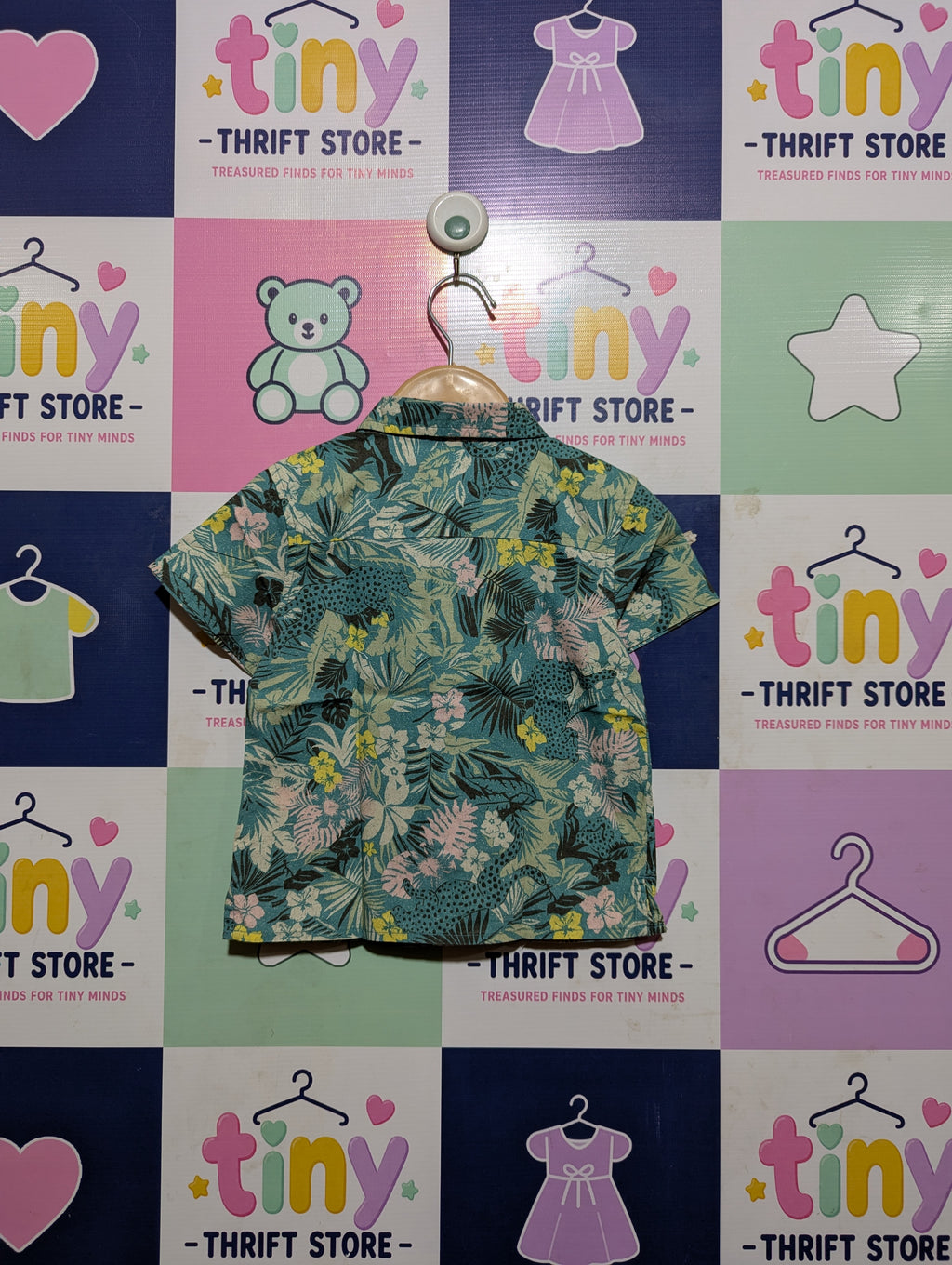 Art Class Boys Teal & Pink Tropical Jungle Print Short-Sleeve Button-Down Shirt - Size Estimated Age 18M AB2