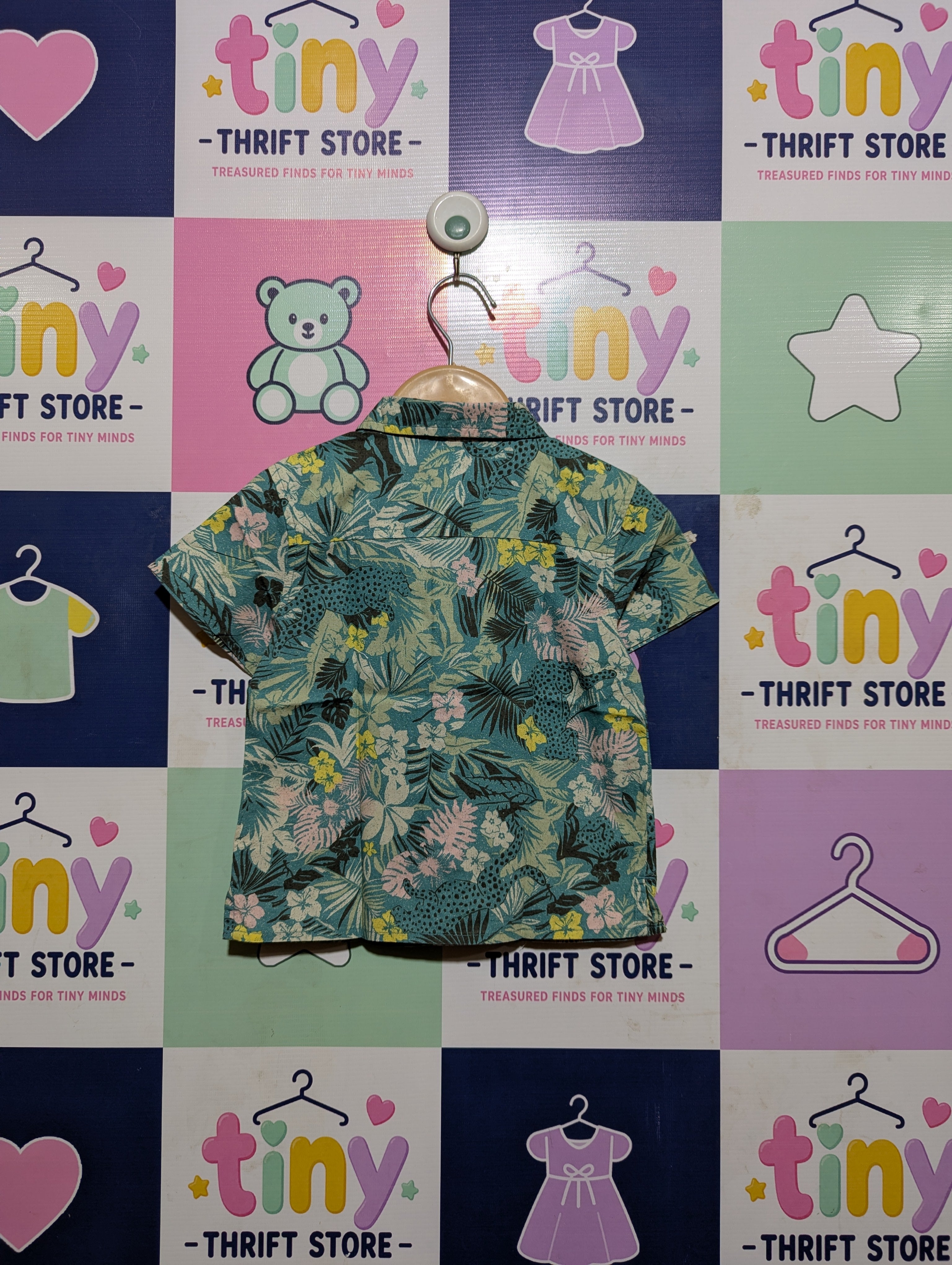 Art Class Boys Teal & Pink Tropical Jungle Print Short-Sleeve Button-Down Shirt - Size Estimated Age 18M AB2