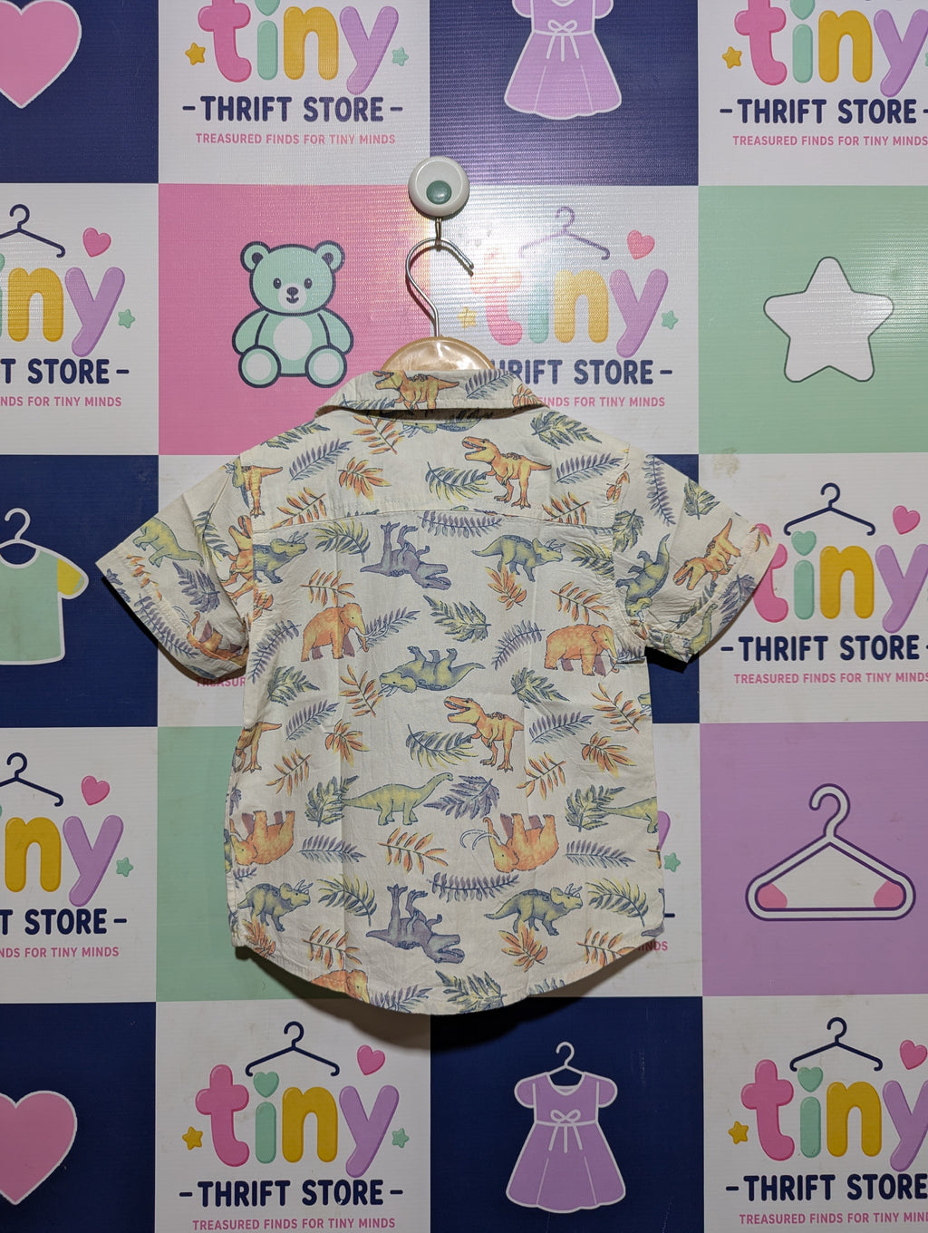 Style Headquarters Boys Off-White Prehistoric Dinosaur & Jungle Print Short-Sleeve Button-Down Shirt - Size Estimated Age 2T AB2