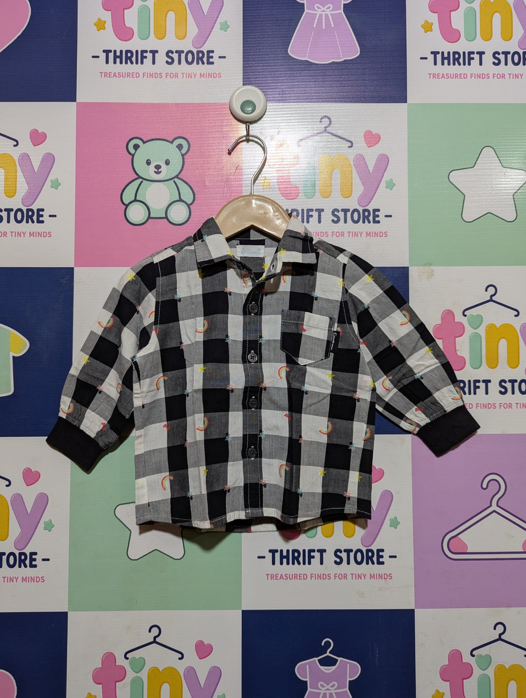 Condomini Boys Black & White Buffalo Check Rainbow & Star Embroidered Long-Sleeve Shirt - Size Estimated Age 12-18M AB2