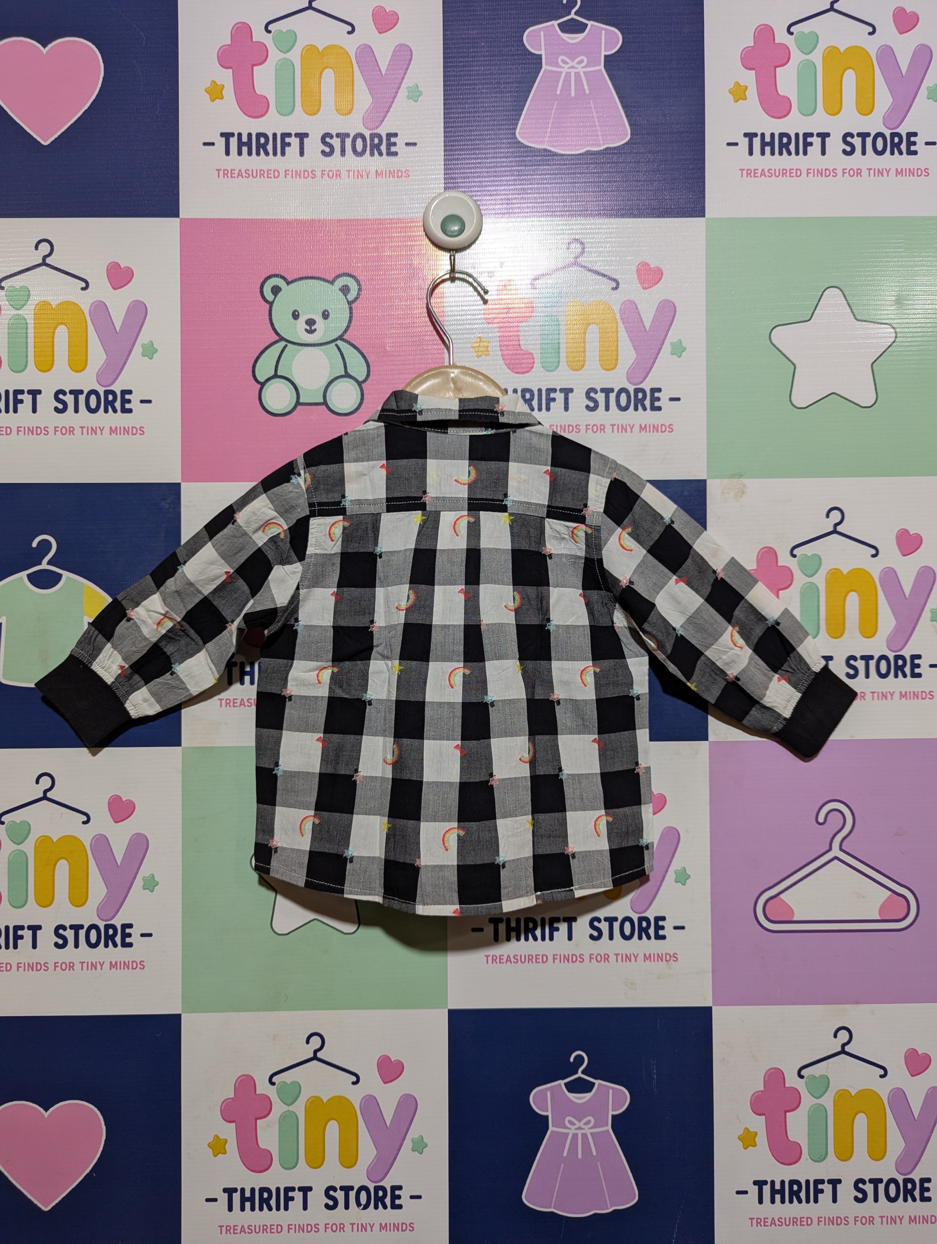 Condomini Boys Black & White Buffalo Check Rainbow & Star Embroidered Long-Sleeve Shirt - Size Estimated Age 12-18M AB2