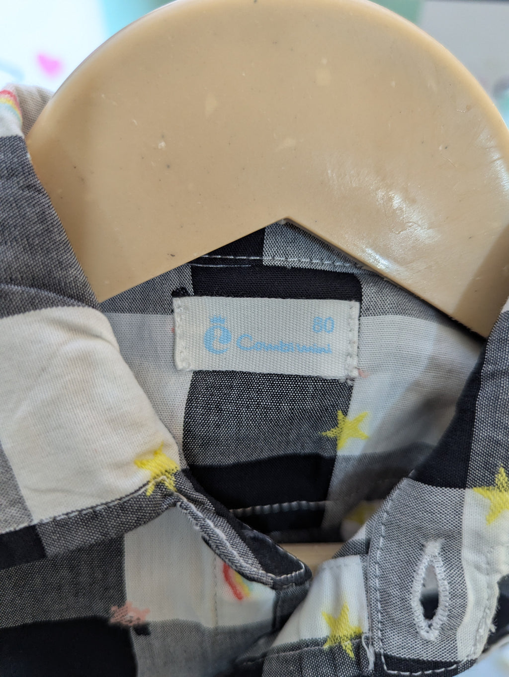 Condomini Boys Black & White Buffalo Check Rainbow & Star Embroidered Long-Sleeve Shirt - Size Estimated Age 12-18M AB2