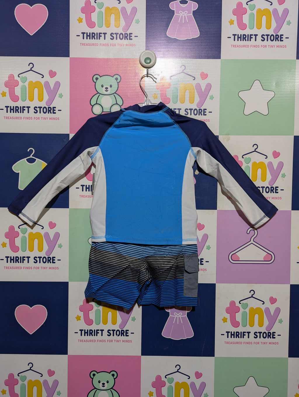 Eddie Bauer Kids Boys Blue & White Long-Sleeve Rash Guard & Boardshorts Swim Set - Size Estimated Age 2T AB2