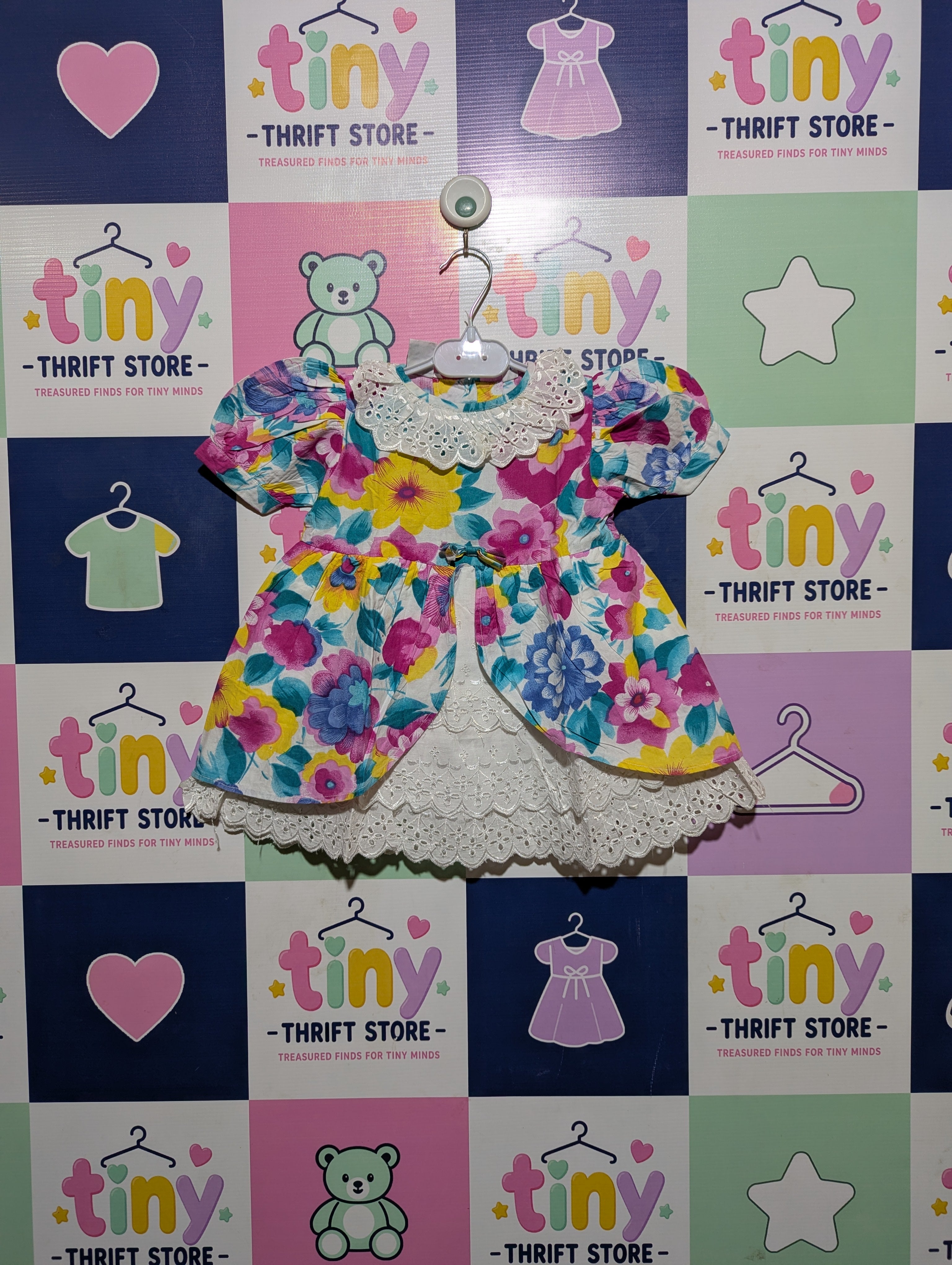 Vintage Style Girls Multicolor Floral Print Puff Sleeve Dress - Size Estimated Age 6 Months AB2
