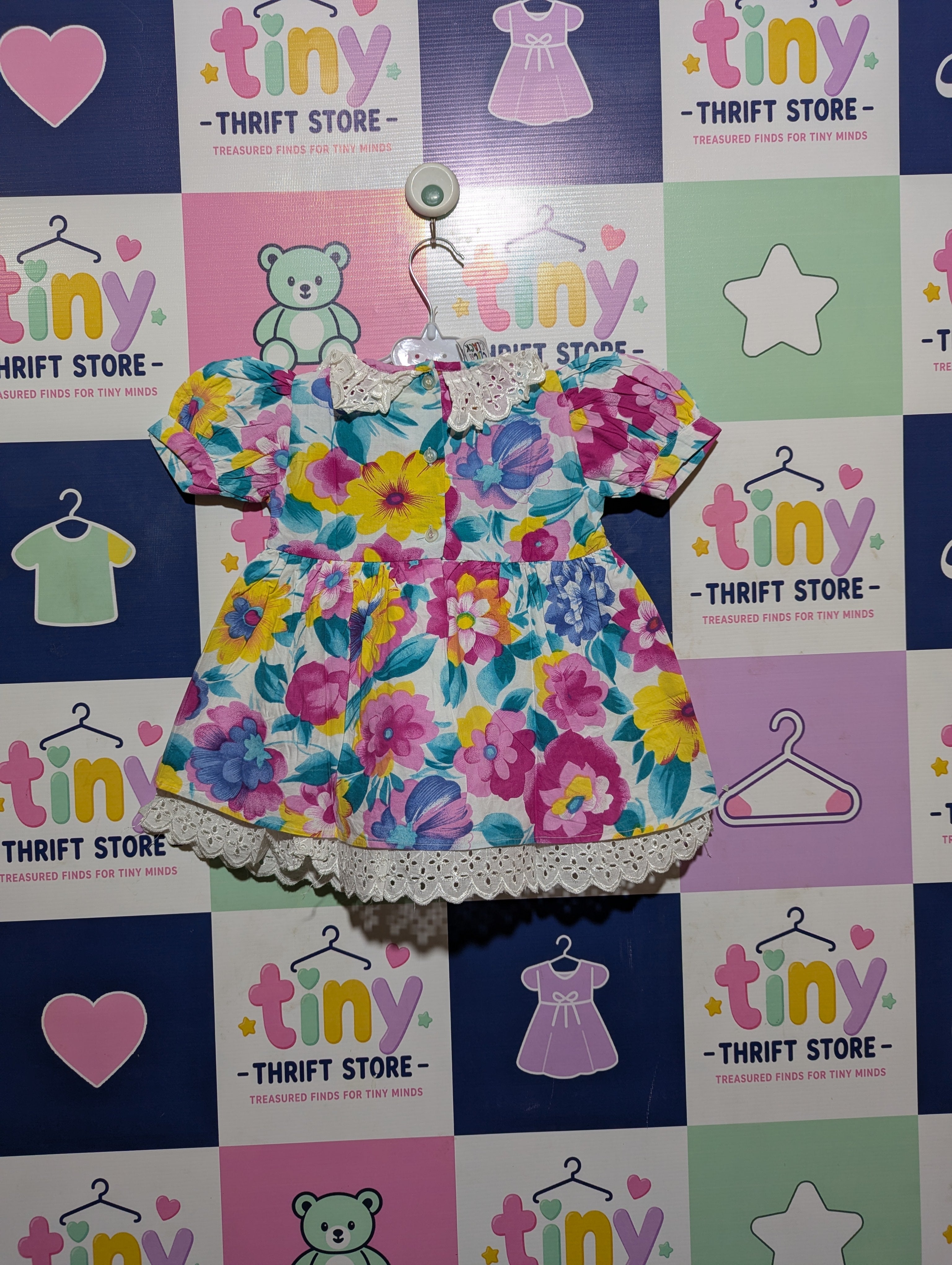 Vintage Style Girls Multicolor Floral Print Puff Sleeve Dress - Size Estimated Age 6 Months AB2