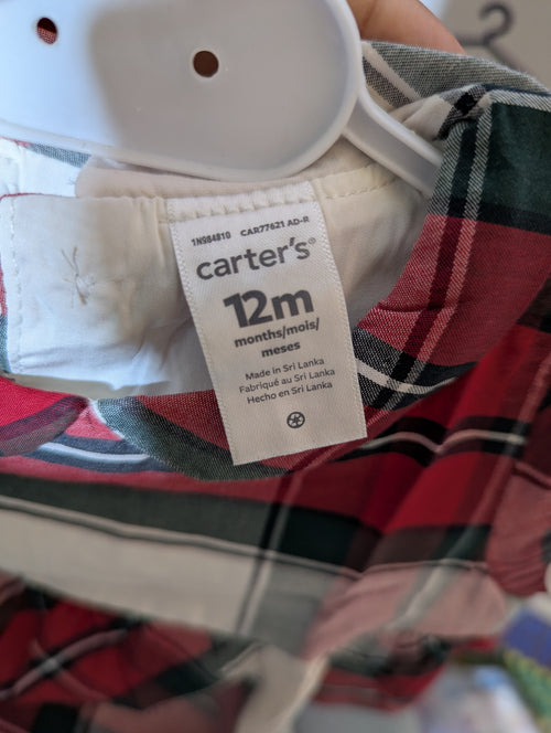 Carter's Girls Red and Green Plaid Holiday Dress - Size Estimated Age 12 Months AB2