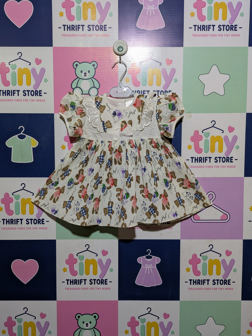 Vintage Style Girls Cream "Country Bears" Print Dress - Size Estimated Age 12-18 Months AB2