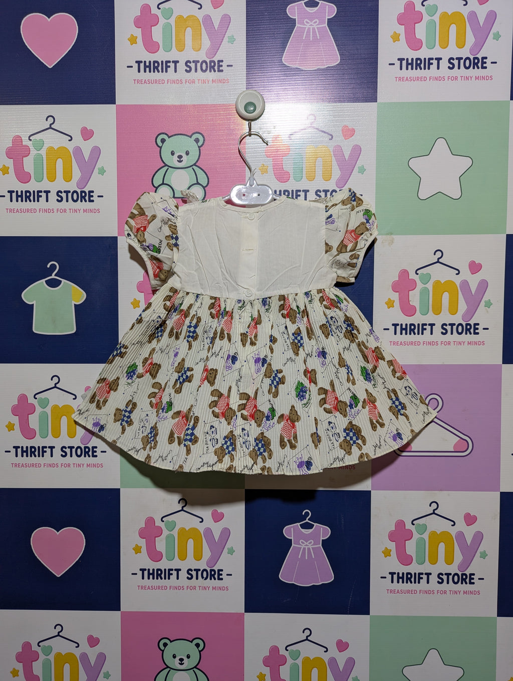 Vintage Style Girls Cream "Country Bears" Print Dress - Size Estimated Age 12-18 Months AB2