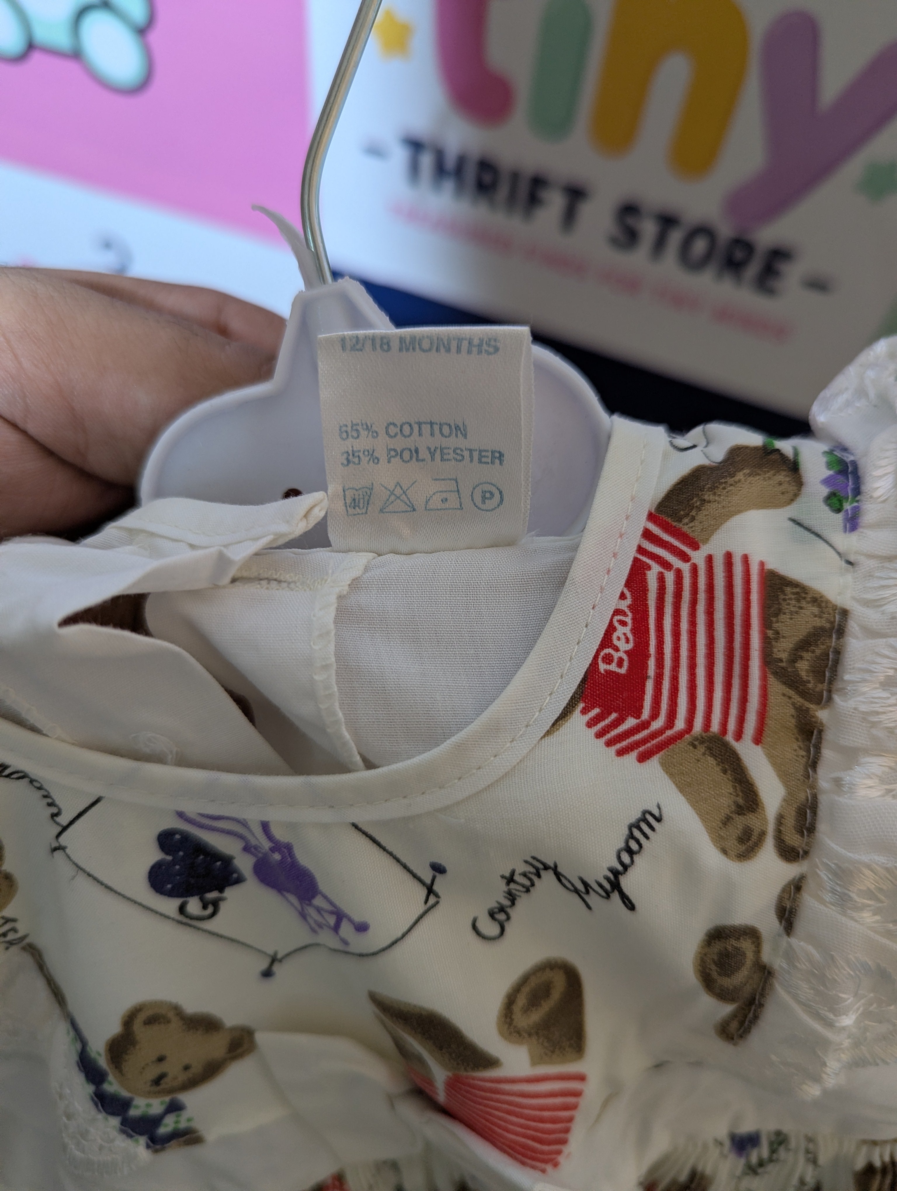 Vintage Style Girls Cream "Country Bears" Print Dress - Size Estimated Age 12-18 Months AB2