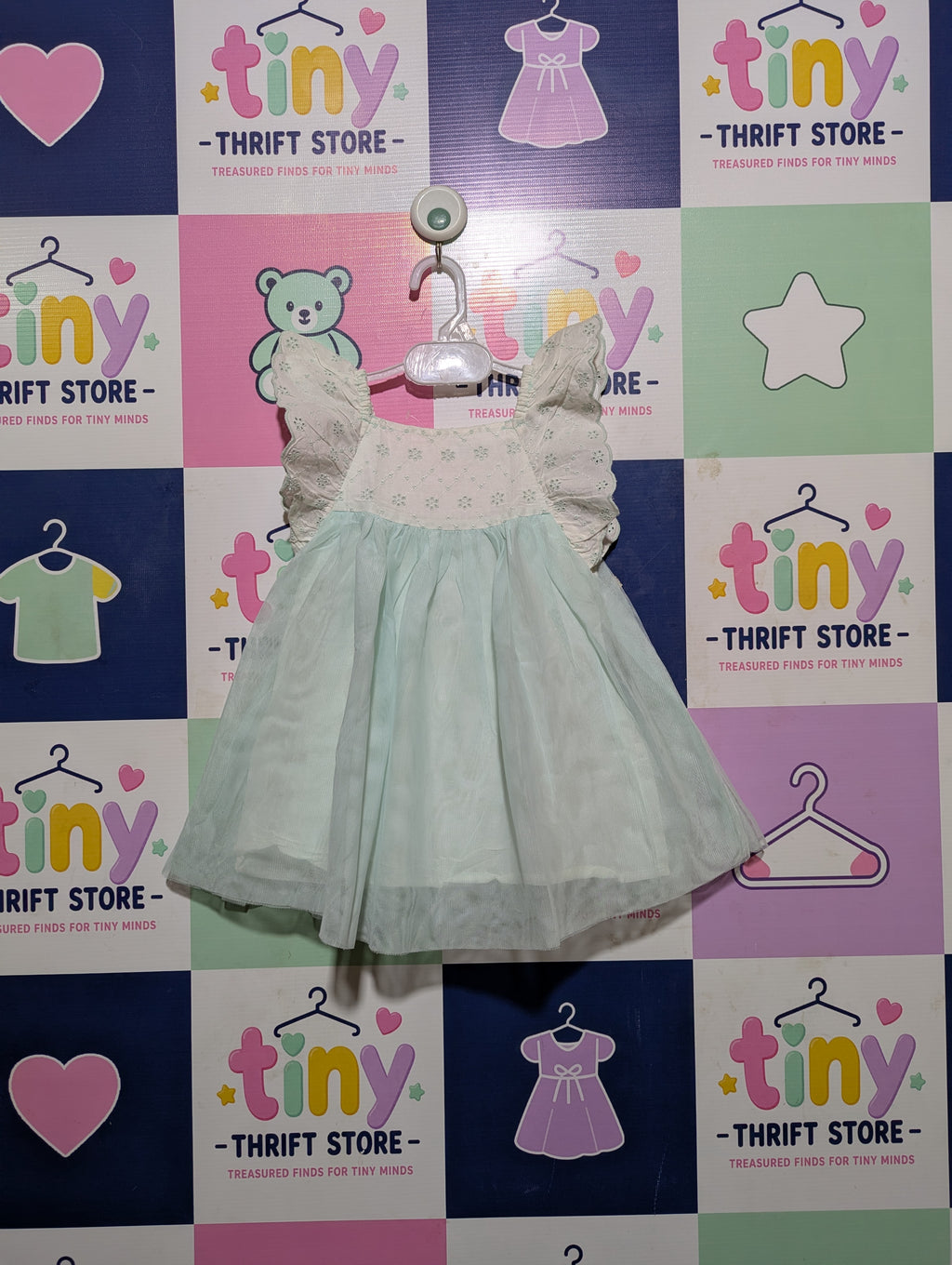 Cat & Jack Girls Mint Green & White Eyelet Tulle Party Dress - Size Estimated Age 12 Months AB2